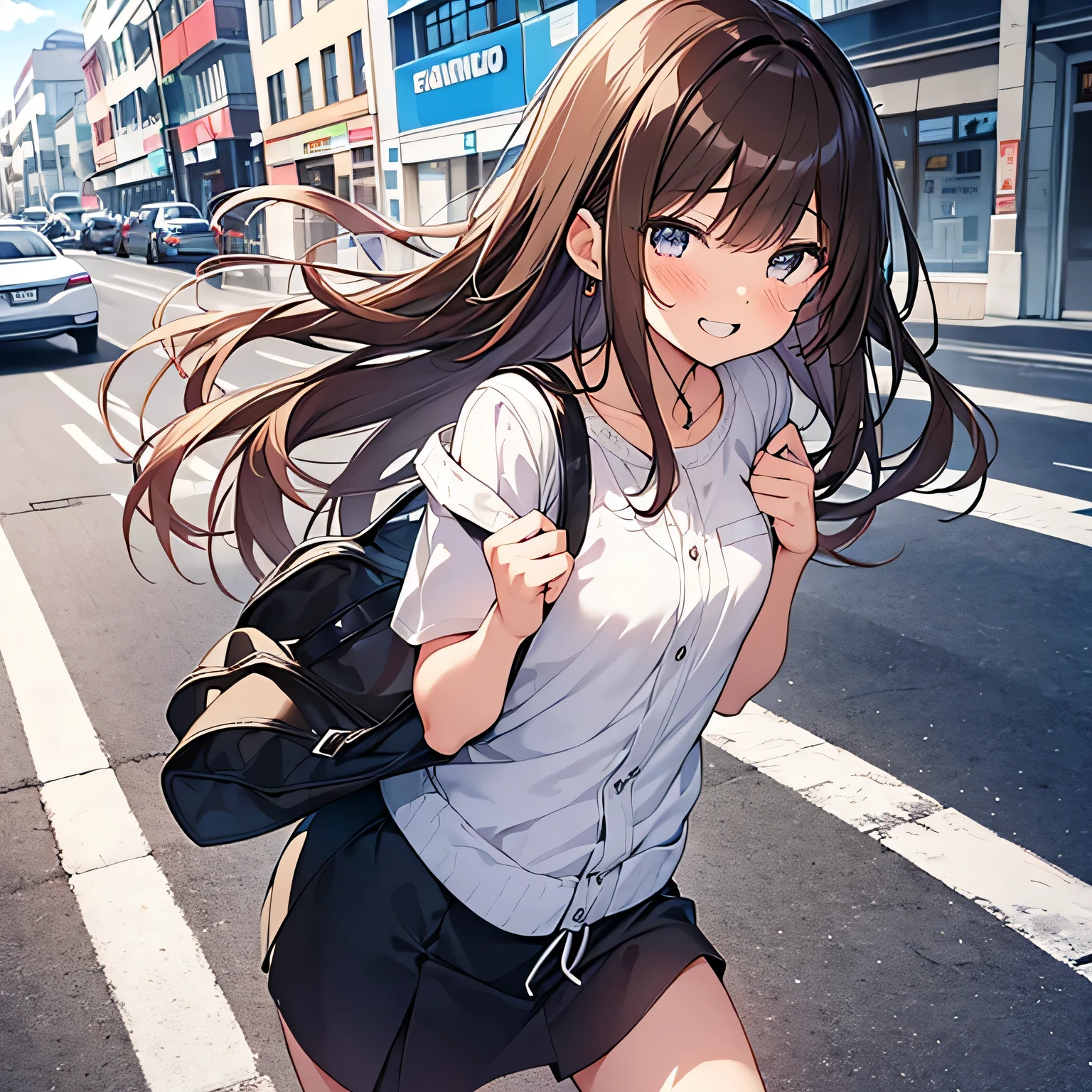 Harumi Fumiko en un plano de cuerpo completo, muy feliz, pelo al viento, 18 year old woman with long brown hair, ojos cafe claro, piel blanca, small freckles, small and perfect nose a little turned up (Fondo de pantalla 8K extremadamente detallado), sonriendo, con las manos por detras, gran calidad anime, caminando por la calle, manos perfectas. Perfectamente realizado. anatomicamente correcto. 5 dedos en las manos