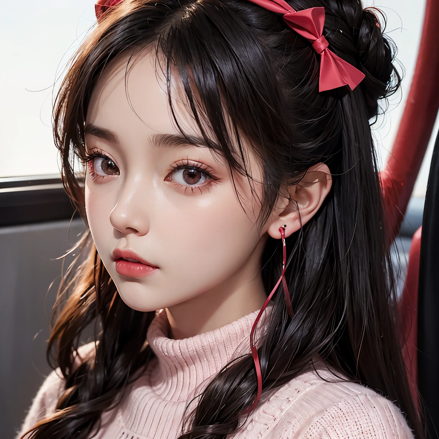 Girl, pink and red bow ribbon drop earrings matched her red turtle neck, it’s also a stark contrast against her cream-shade front zip detail cable knitted jumper, Black hair