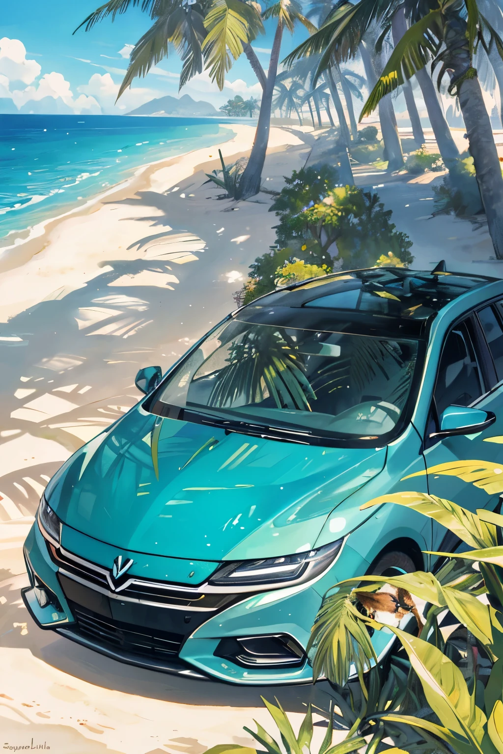 Hand-drawn masterpiece, best quality, impala grazing by the edge of a calm California beach, car parked nearby, palm trees swaying in the gentle breeze, sun setting on the horizon, impala's distinctive features highlighted, impala's graceful posture accentuated, sandy texture of the beach vividly depicted, turquoise sea shimmering in the background, palm fronds casting dappled sunlight on the scene, impala's impassive expression contrasted with the dynamic motion of the car keys in the hands of the viewer, a sense of tranquility and adventure intertwined.