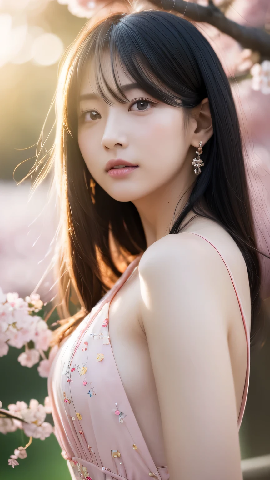(logo、masterpiece、8K、table top、RAW photo、wonderful、最high quality、フォトリアリスティックでvery detailedな CG 統合 8k 壁紙、high quality、very detailed、Narrative poem、particle effects、dynamic effect、written boundary depth、cinematic light、Lens flare、ray tracing)、fantasy、 (1 beautiful woman、dress、dress、cherry blossom pattern、black haired、beautiful face、real face、beautiful details eyes beautiful skin)、髪がWindで踊る、Hair flutters in Wind、hair jump、pink cherry tree、petals dance、SakuraFubuki、wonderful景色、sunrise、sun on background、Wind、