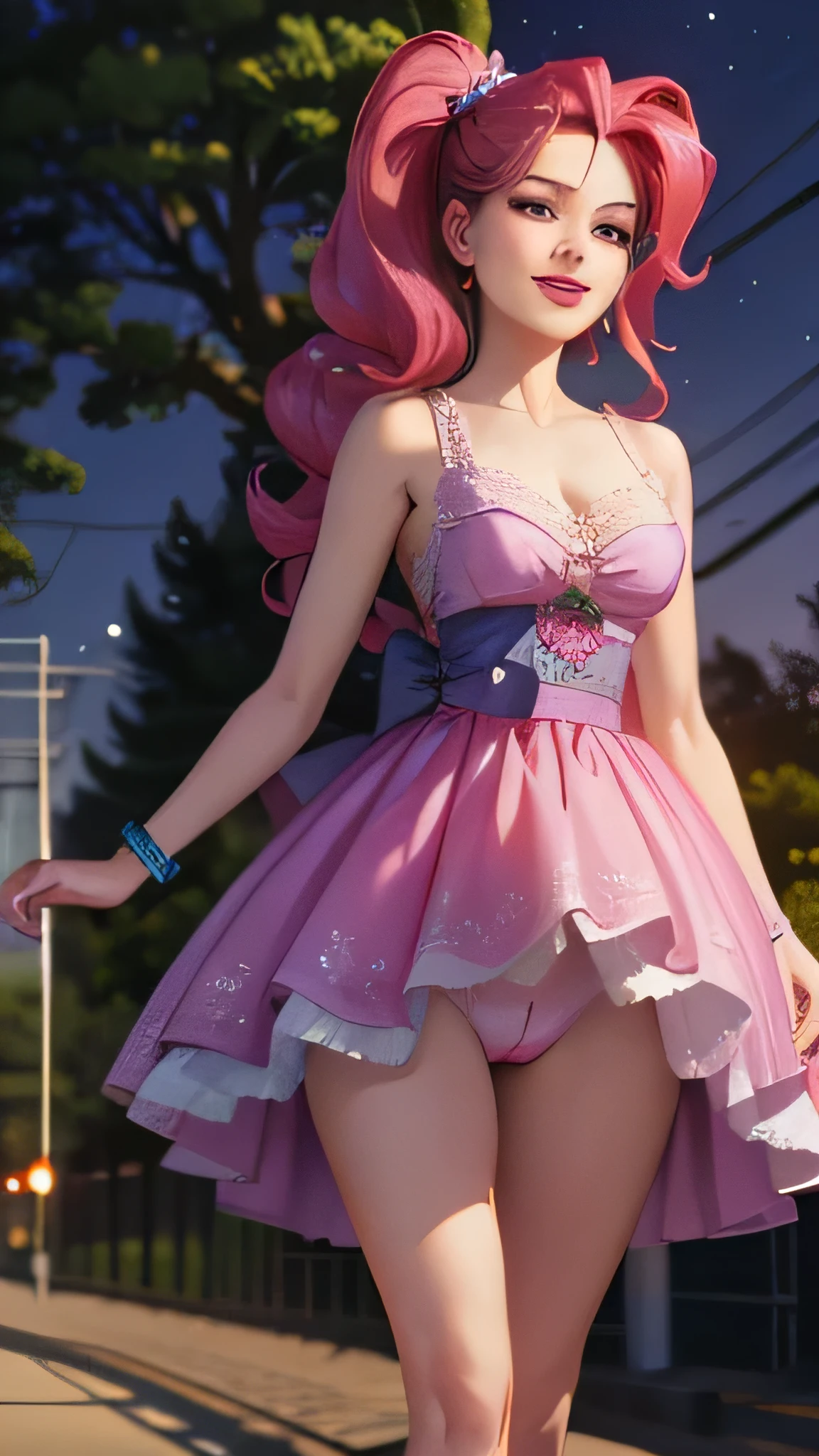 pinkiepie from my little pony ,pinkiepie as a girl , Slender body , (((((original hair style))))) ,(((wind blowing))), out door ,(((night))) , (((cherry tree jungle in background))) , (((catwalk toward viewer))), (((posing))),(((wear short sheer lace transparent revealing naked dress))) , (((erotic ))), (((wicked smile))) , breasts are visible , (((wear high heels))) ,pubic hair ,feet , full body is visible , bracelets , big breasts , lush breasts , Bulky Breasts , voluminous breasts ,(((look at to viewer ))), (((eye contact))), (((high quality))) , (((detailed))) ,(((lift up her skirt))) ,(((can see her pantie))) , her behind, back view