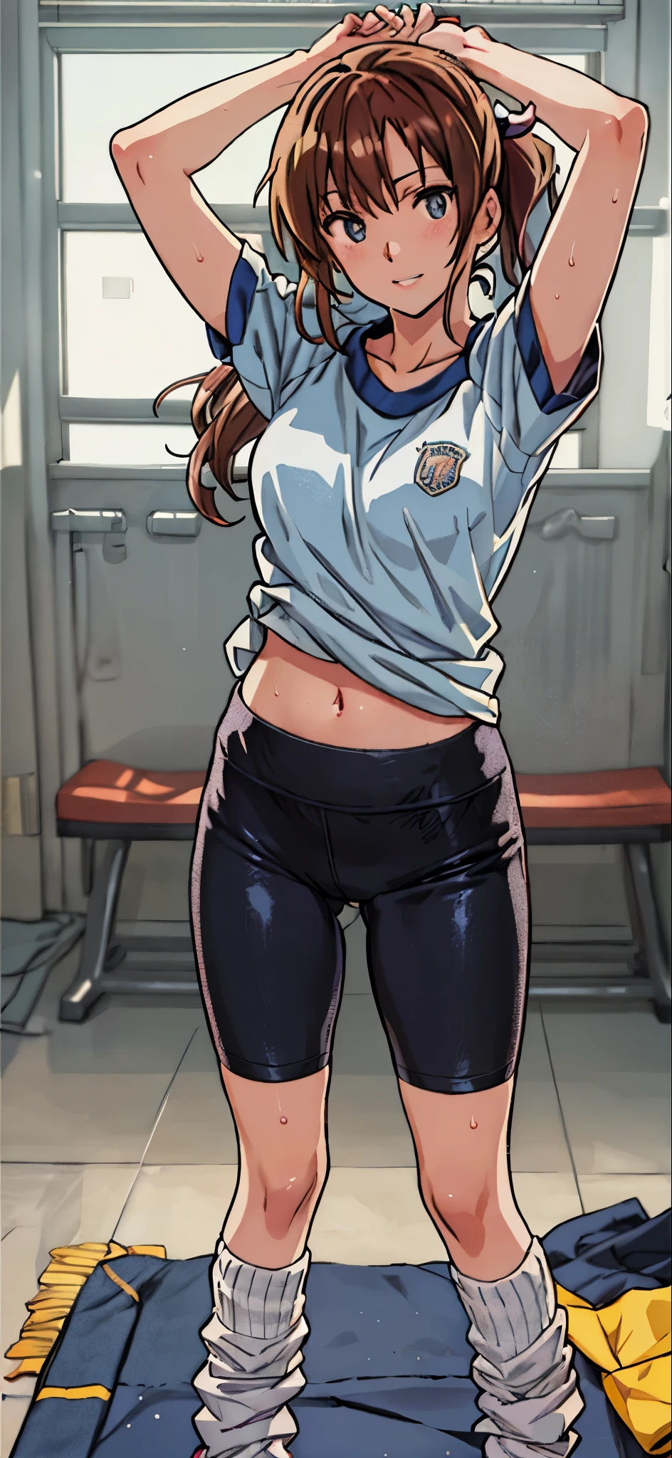 (highest quality,4K,8K,High resolution,table top:1.2), Super detailed, (realistic,photorealistic,photo-realistic:1.37), ,beautiful girl,((sweat)),((left arms up)),((jump)),,(grin and laugh),((caramel hair color)),((medium long hair)),((ponytail hairstyle)), ((messy hair)),((T-shirt and black leggings)), ((off-shoulder design T-shirt)),((long length T-shirt)),((dancing in the gym)),((Blue Socks)),(sneakers),espadrilles,beautiful and detailed eyes, beautiful detailed lips, highly detailed eyes and face, long eyelashes, realistic anime 3D style, Smooth anime CG art, Digital rendering by Makoto Shinkai, Moe anime art style, photorealistic rendering of an anime girl, Shinkai Makoto style, Cute anime girl visuals, realistic young anime girl, girl fan art, Created by Anime Artist'studio of.