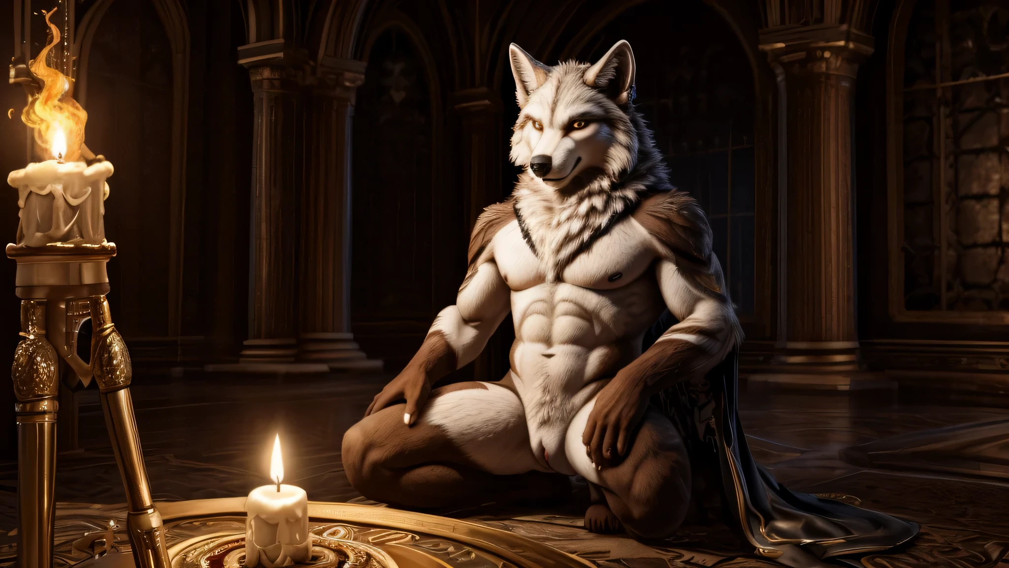 White wolf puppy. small, , male, holding, is sitting, Weapon, male focus, horns,Background to the war, colored leather, fire, Candle, Without clothing , completely naked. vagina , ((masterpiece, Best quality))
