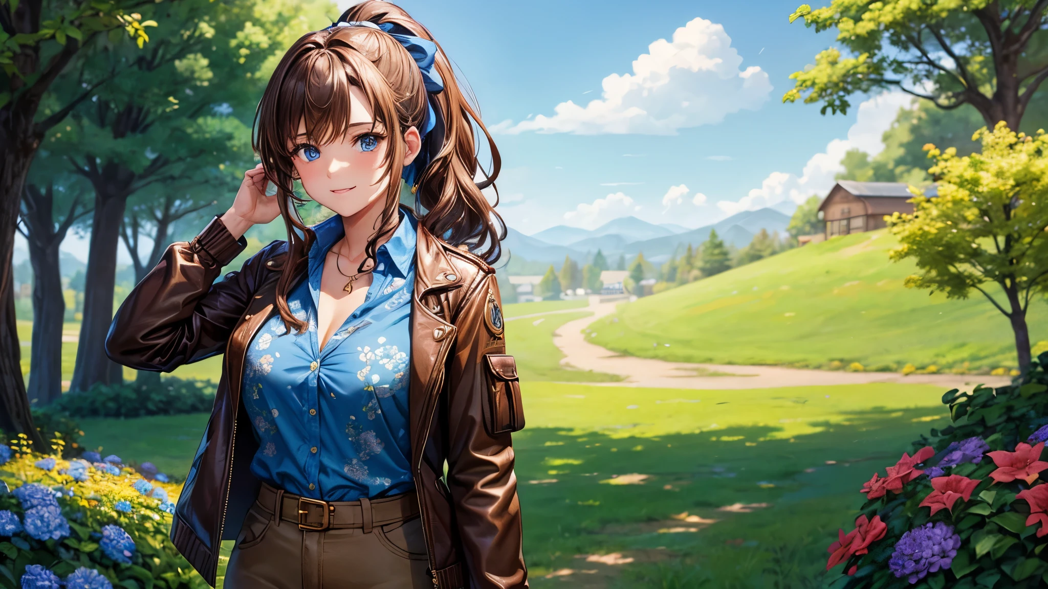 1girl, solo, trees, sun, clouds, autumn, colorful trees, falling leaves, ((brown hair)), ponytail, large breasts, ((brown leather jacket)), button down shirt, ((blue checked shirt)), ((unbuttoned shirt)), ((unbuttoning buttons)), ((popping buttons)), ((full cleavage)), blue eyes, long skirt, brown boots, smile, happy, looking at the viewer, ((walking)), hair ribbon, golden necklate