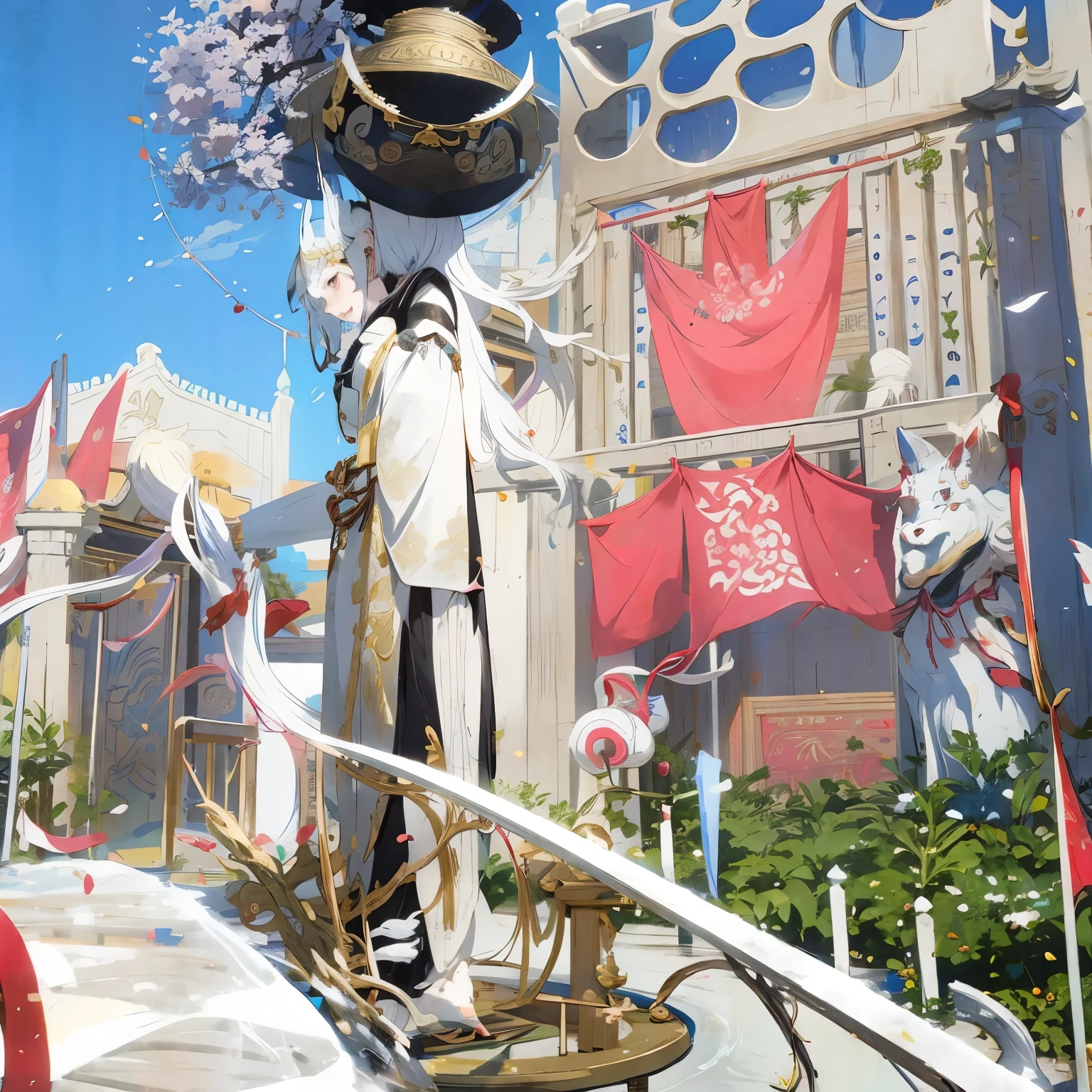 Anime-style scenes,one wearing a hat、wearing a skirt、Woman with sword, Onmyoji Detailed Art, Krenz Kushat and Lin Wenjun, Popular topics on artstation pixiv, from the night of the ark, guweiz on pixiv artstation, guweiz on artstation pixiv, Ross Tran. landscape background