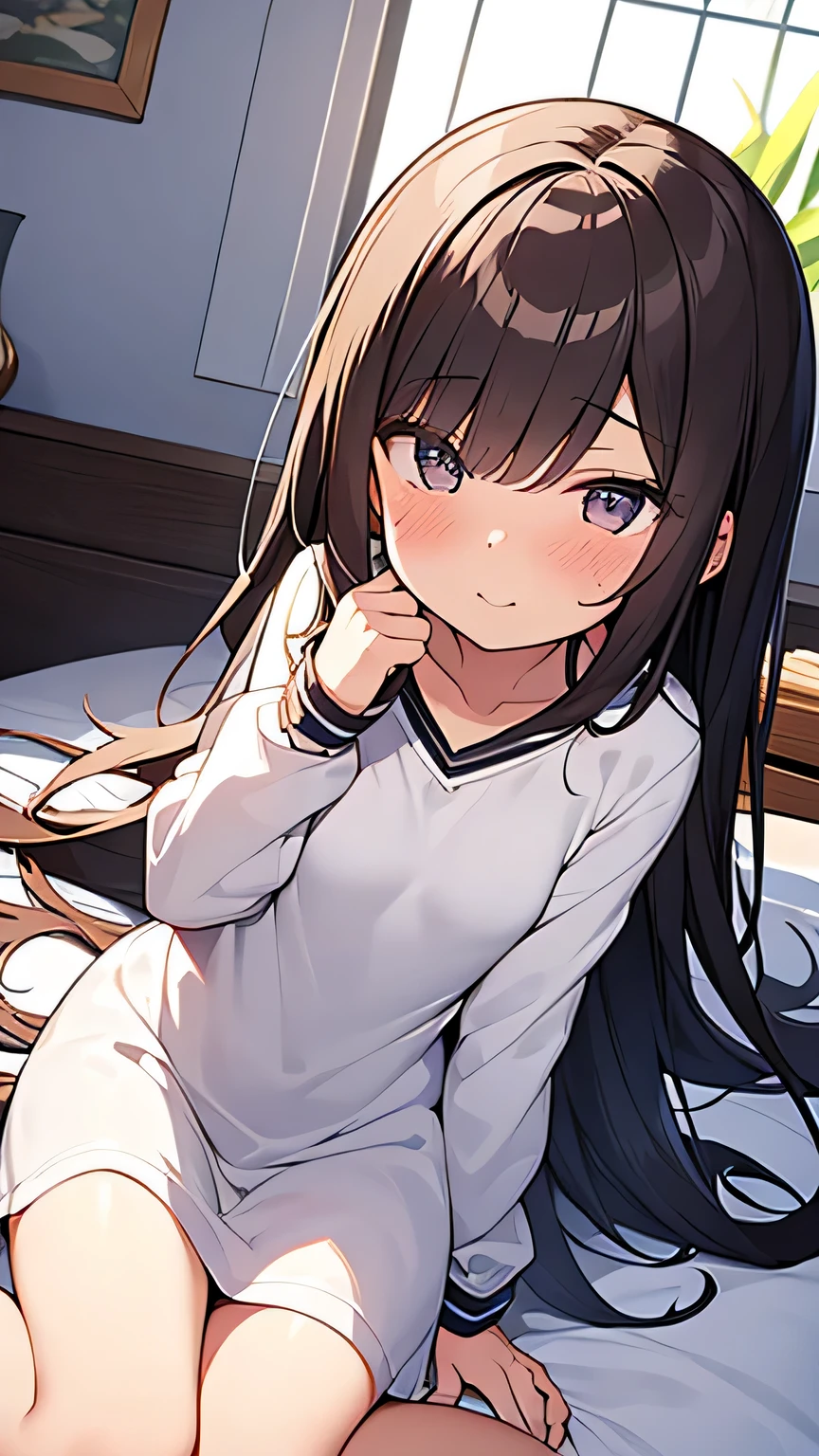 Harumi Fumiko en un plano de cuerpo completo, 18 year old woman with long brown hair, ojos cafe claro, piel blanca, small freckles, small and perfect nose a little turned up (Fondo de pantalla 8K extremadamente detallado), sonriendo, con las manos por detras, gran calidad anime, descansando en la cama, ropa interior blanca, NSFW:0.9, manos perfectas, posicion atrevida, coqueta. Perfectamente realizado. anatomicamente correcto. Cintillo con orejas de gato, cosplay de gato. disfraz de gato
