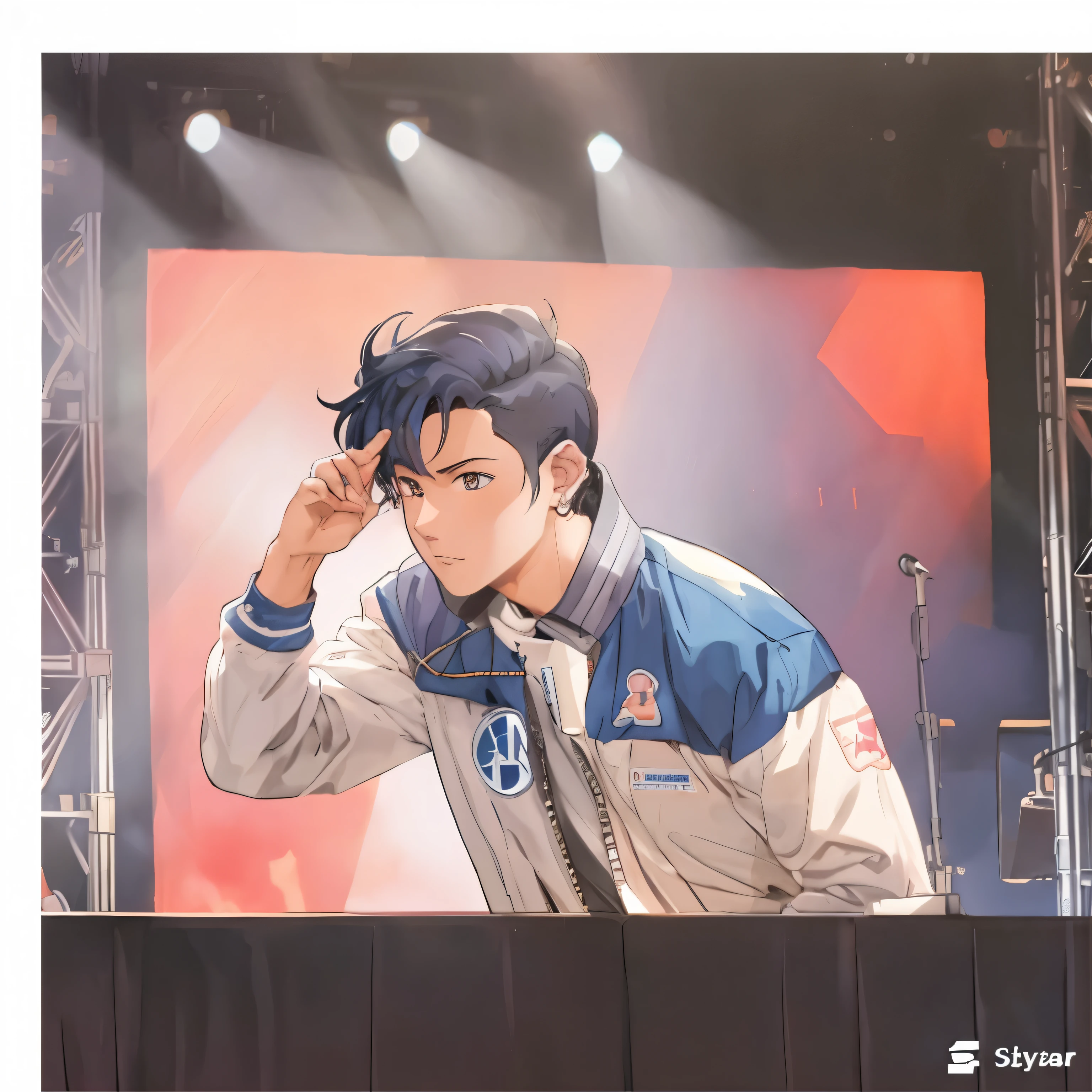there is a man that is standing in front of a stage, kentaro miura art style, style of macross, ross tran style, kentaro miura style, miura kentaro style, akira artstyle, trigger anime artstyle, kentaro miura manga art style, ross tran!!!, 2 d anime style, official fanart, akira art style