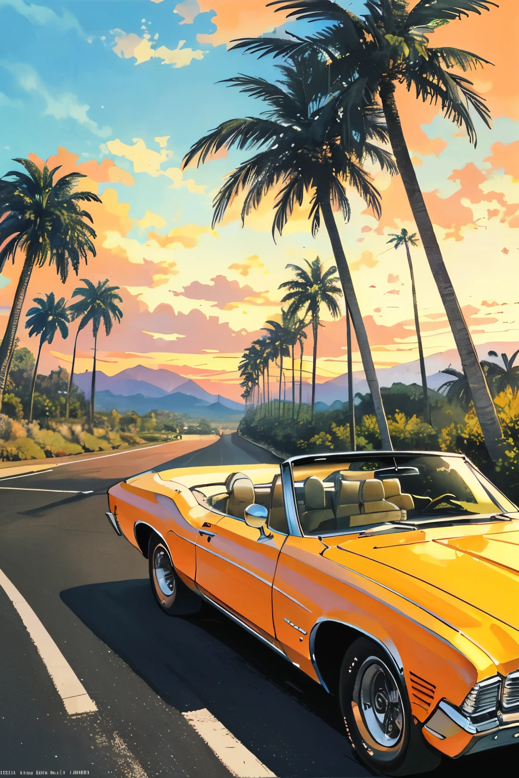 Masterpiece, best quality, 1970's, a man in the driver's seat of a classic convertible Impala, car engine humming as he drives on a winding road, California landscape in the background, palm trees swaying gently in the breeze, hand-drawn illustration, retro concept, warm colors, sun setting on the horizon.