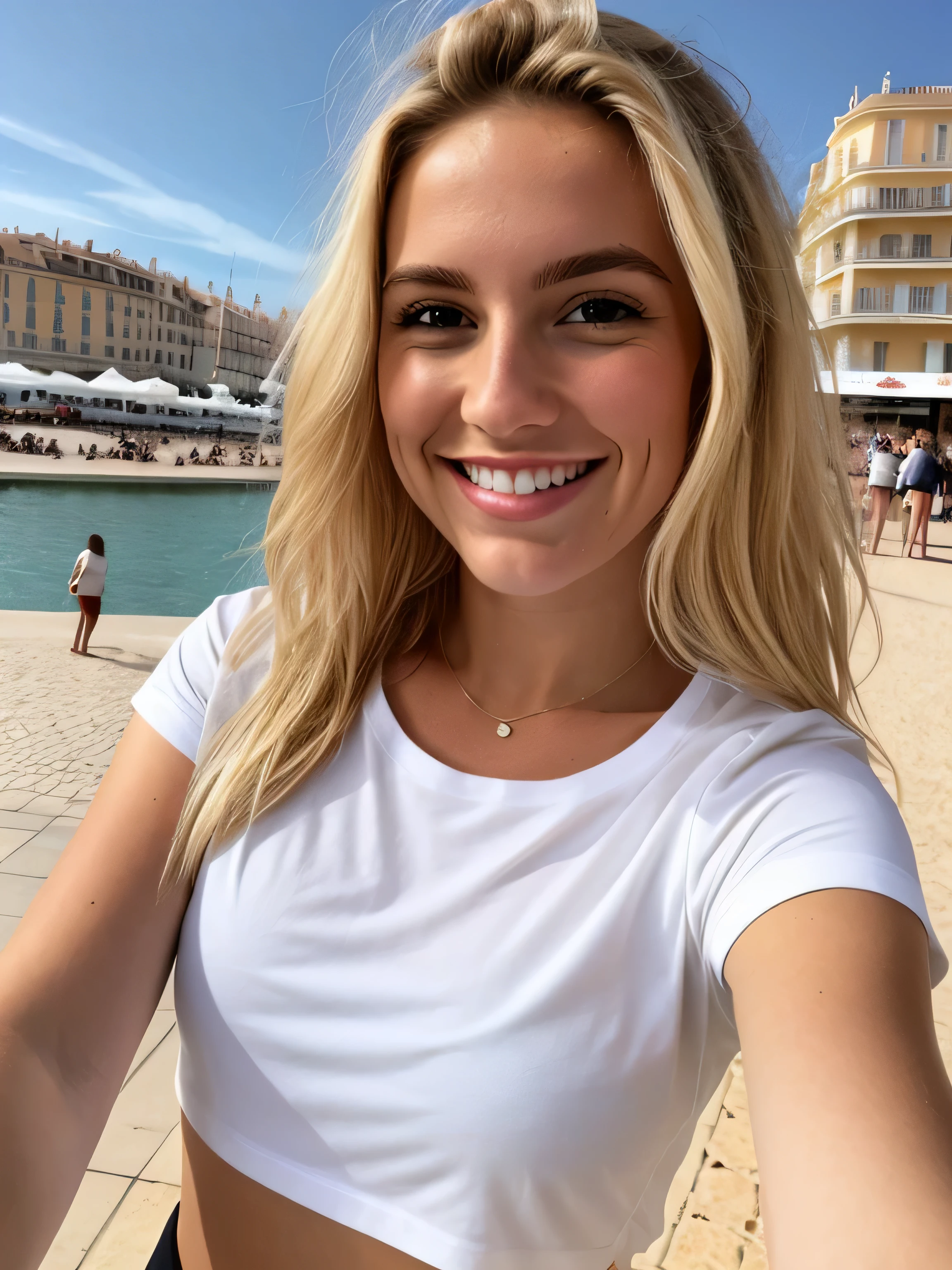 a smiling 23 year old blonde woman takes a selfie on the Croisette in Cannes, big sunny blue sky, Photorealism, Blonde Hair with Light Brown Roots, cheveux blond, Cheveux avec des racines brunes, yeux bleus, belle femme, vue de face, un t-shirt de sport classique blanc, high quality, selfie
