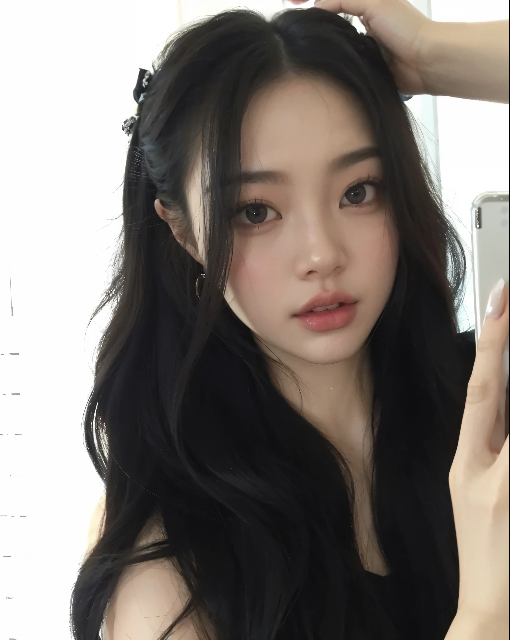 there is a woman that is taking a selfie in the mirror, Ulzzang, jennie blackpink, fair and pale skin!!, dilraba dilmurat, coreana, garota cara fofa, lindo rosto de garotas japonesas, corte de cabelo preto hime, sui ishida com cabelo preto, Ilya Kuvshinov com cabelo comprido, beautiful asian girl, beautiful aesthetic face, blackpink jennie, blackpink lisa, jennie