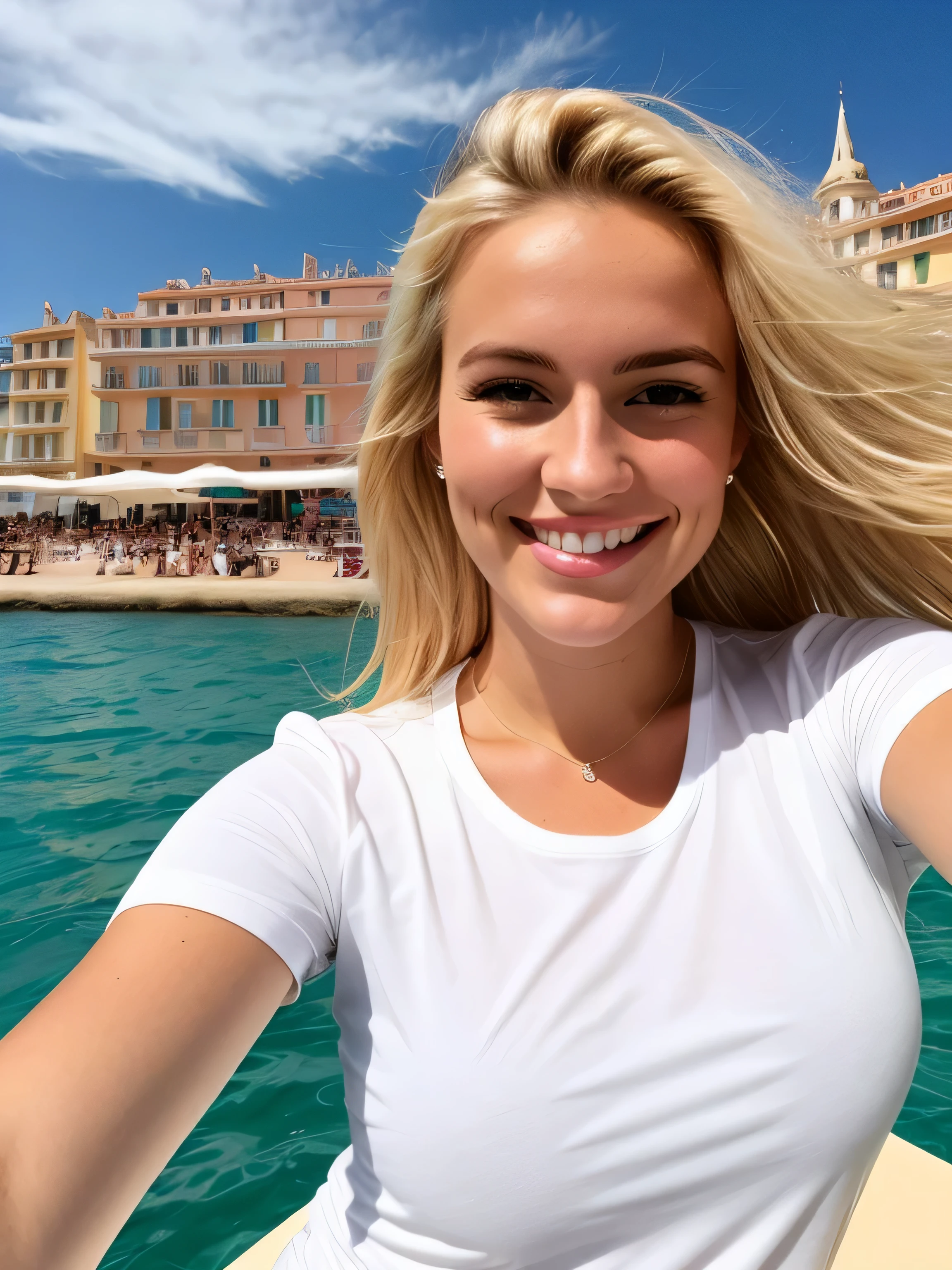 a smiling 23 year old blonde woman takes a selfie on the Croisette in Cannes, big sunny blue sky, Photorealism, Blonde Hair with Light Brown Roots, cheveux blond, Cheveux avec des racines brunes, yeux bleus, belle femme, vue de face, un t-shirt de sport classique blanc, high quality, selfie