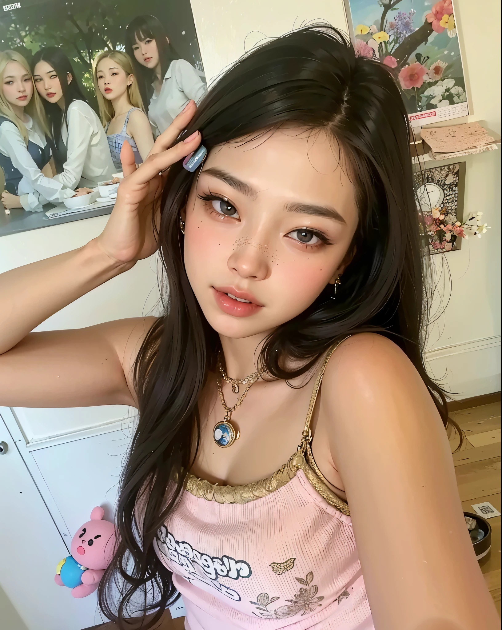 best quality,ultra-detailed, highres,masterpiece:1.2),portrait,asian man with white shirt, Jimin,plump lips, Park Jimin-inspired aesthetic, swollen right eyelid of Jimin, Greek nose of Jimin, inspired by Bian Shoumin, elongated neck, vivid colors,soft lighting, perfect small nose, perfect face, expressive eyes, coquette, estilo coquette