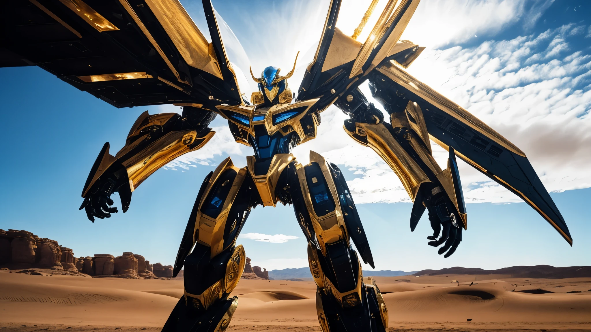 Zendaya portrayed as Cleopatra from the ancient egypt, ultra futuristic mecha suit detailed in gold with blue gems, in the desert at day, confronting a giant alien monster, photorealistic, dramatic, cinematic, 4k resolution, hyperdetailed, dramatic scene, high angle, full body, hero pose