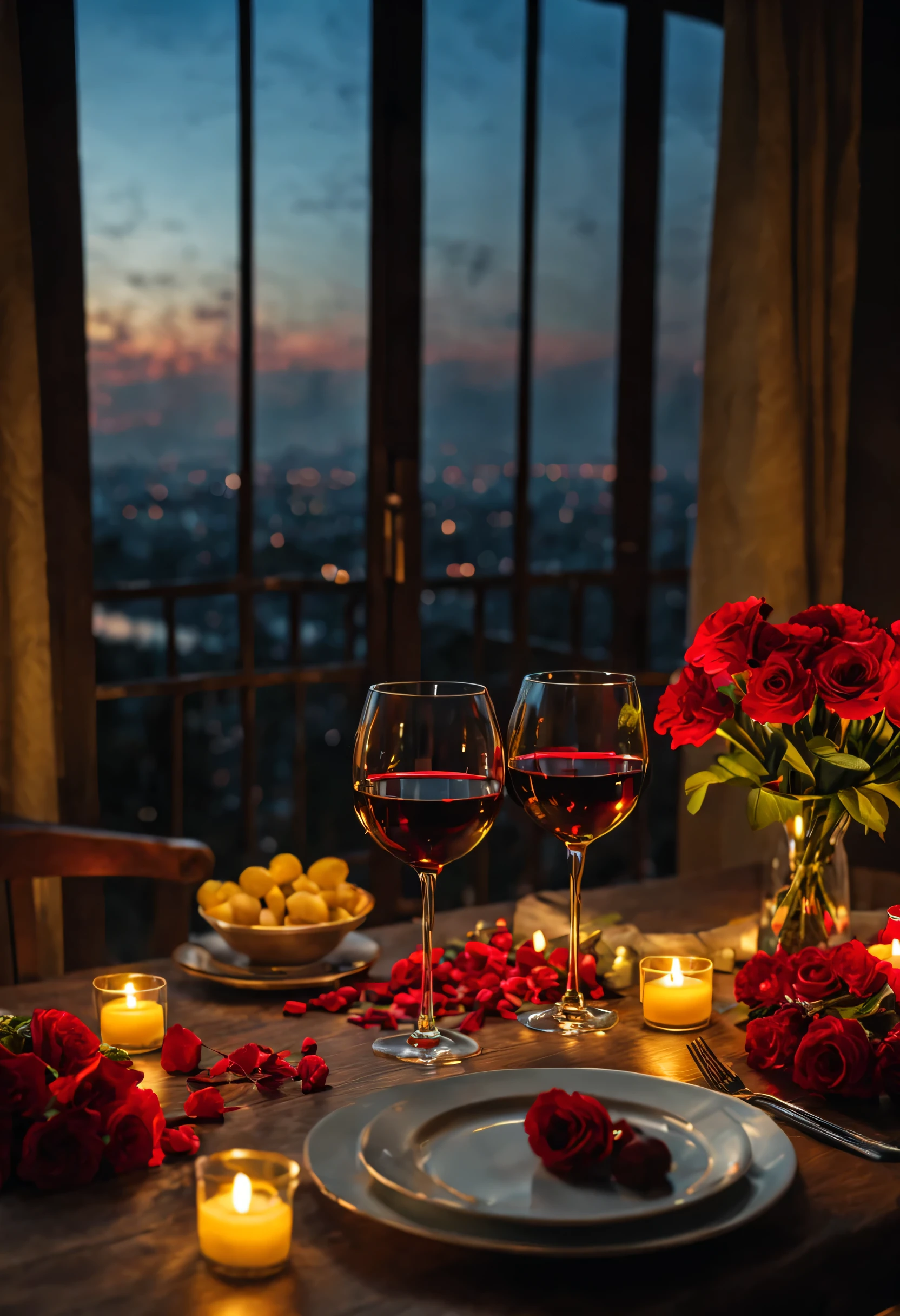 valentine's dinner, two glass of wine, red flowers, beautiful, realistic, 4K, red carpus, night time, yellow soft light,