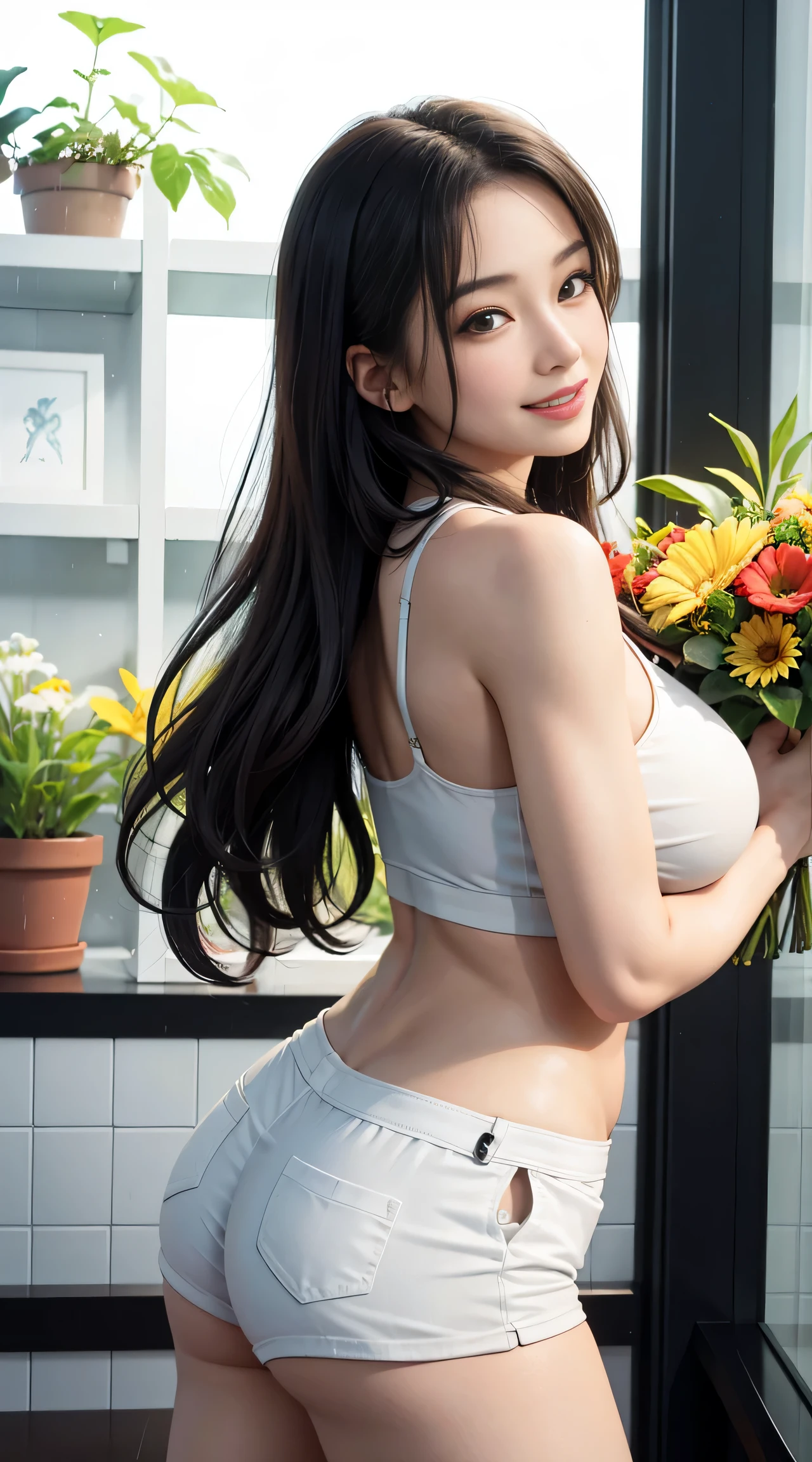 sfw, Best quality、超A high resolution、full bodyesbian、Fine,Outside the vitrine, In heavy rain,Girl working in a flower shop、Different potted plants、Lots of flowers,Wear a boyfriend-style loose T-shirt,Long hair,Bouquets are being made、Florist background, Cute happy smile, wearing bra,((skinny waist)), young asian girl, ((big breasted)),