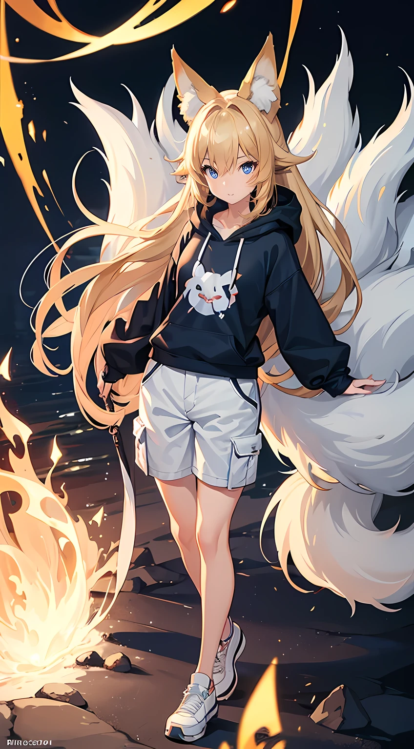 1girl, fox girl, kitsune girl, fox ears, animal ear fluff, fox tail, fluffy fox tail, large fox tail, nine fox tails, (tails attached to body), kyuubi, long hair, wavy hair, messy hair, neon blue eyes, starry eyes, light smile, parted lips, blonde hair, sky blue hoodie sweatshirt, light grey cargo pants, modestly dressed, pants fully cover legs, navy blue sneakers, cute, beautiful, athletic, clean fingers, well-formed fingers, high detail, romanticism, film lighting, ray tracing, motion rye, uhd, high detail, top quality, 8k, night time, ocean in the background,