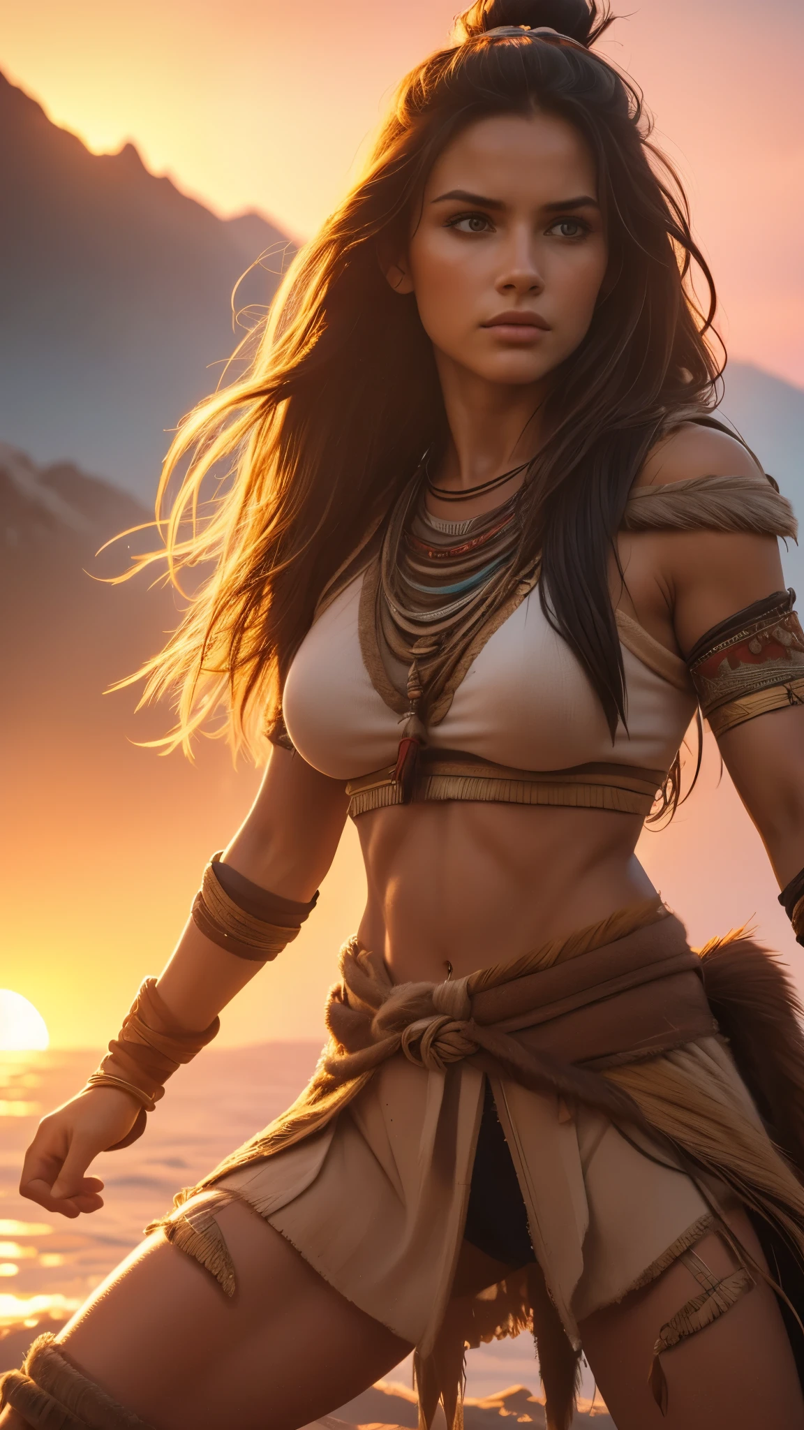 (((ultra realistic))), (ultra-detailed face and eyes: 1.3),native girl, with very long thick hair, feathers in hair, (few clothes) , (combat bandages on the body), ((In a combat stance)), in soft lighting, with a stern look, against the backdrop of sandy mountains, surrounded by a mysterious, foggy atmosphere, (sunset), (ultra-detailed), ((Skin detailing)), (scene from a movie about ancient people) 