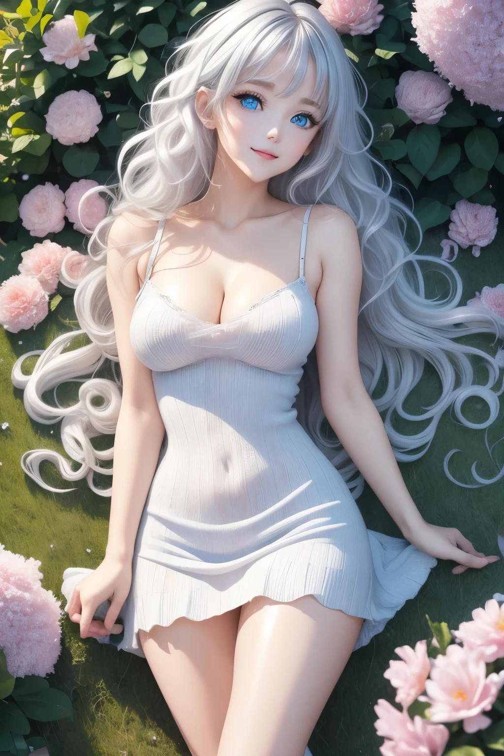 best quality, 32k, RAW photo, incredibly absurdres, extremely detailed, delicate texture, platinum-silver messy wavy medium hair, beautiful woman, shining blue big eyes, amorous and lewd expression, happy, shy, wearing iridescent white-based loose cute girly knit fashion, superlative body proportion, background lush garden with falling petals, iridescent pastel colour, wind