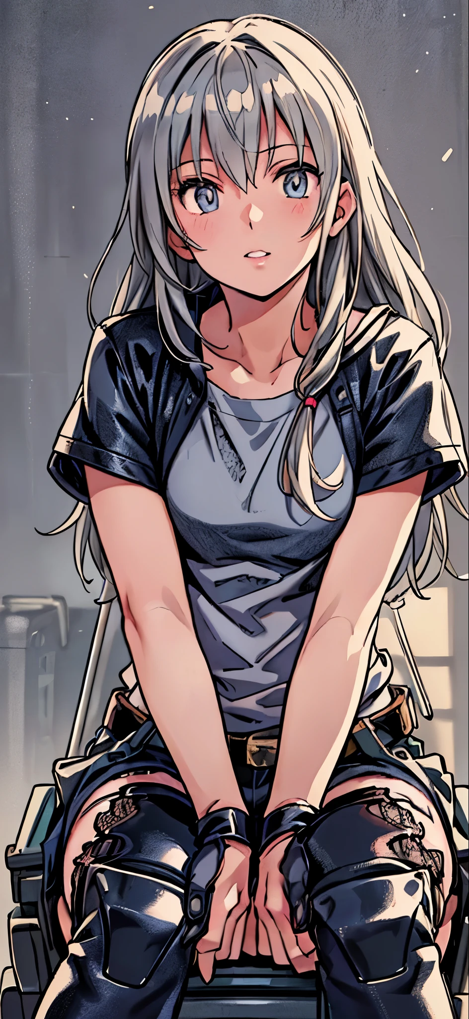 (highest quality,4K,8K,High resolution,table top:1.2), Super detailed, (realistic,photorealistic,photo-realistic:1.37), ((cowboy shot),((from below)),sickly beautiful girl, sad,I was surprised,((gray hair color)),((long hair)), ((Being in a wheelchair)),((row a wheelchair)),((hair above the eyes)),((t-shirt)),((shorts)),((wear black open finger gloves)),((black lace-up long boots)),((knee pads)),((braces in legs)),espadrilles,beautiful and detailed eyes, beautiful detailed lips, highly detailed eyes and face, long eyelashes, realistic anime 3D style, Smooth anime CG art, Digital rendering by Makoto Shinkai, Moe anime art style, photorealistic rendering of an anime girl, Shinkai Makoto style, Cute anime girl visuals, realistic young anime girl, girl fan art, Created by Anime Artist&#39;studio of.