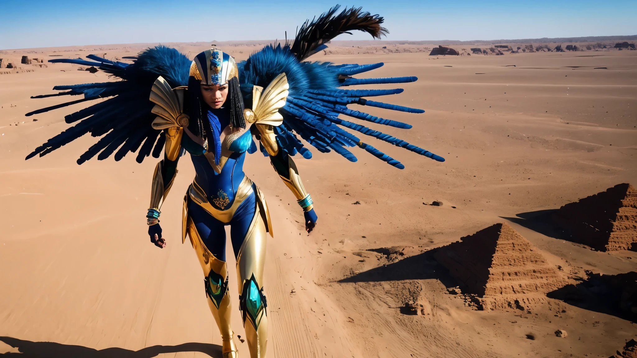 Zendaya portrayed as Cleopatra from the ancient egypt, ultra futuristic mecha suit detailed in gold with blue gems, in the desert at day, flying, in front of a crowd of Egyptian people, photorealistic, dramatic, cinematic, 4k resolution, hyperdetailed, dramatic scene, high angle, full body, hero pose