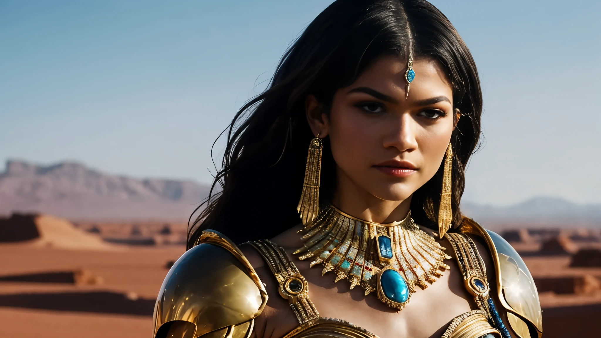 Zendaya portrayed as Cleopatra from the ancient egypt, ultra futuristic mecha suit detailed in gold with blue gems, in the desert at day anger face, photorealistic, dramatic, cinematic, 4k resolution, hyperdetailed, dramatic scene, high angle, close up, hero pose