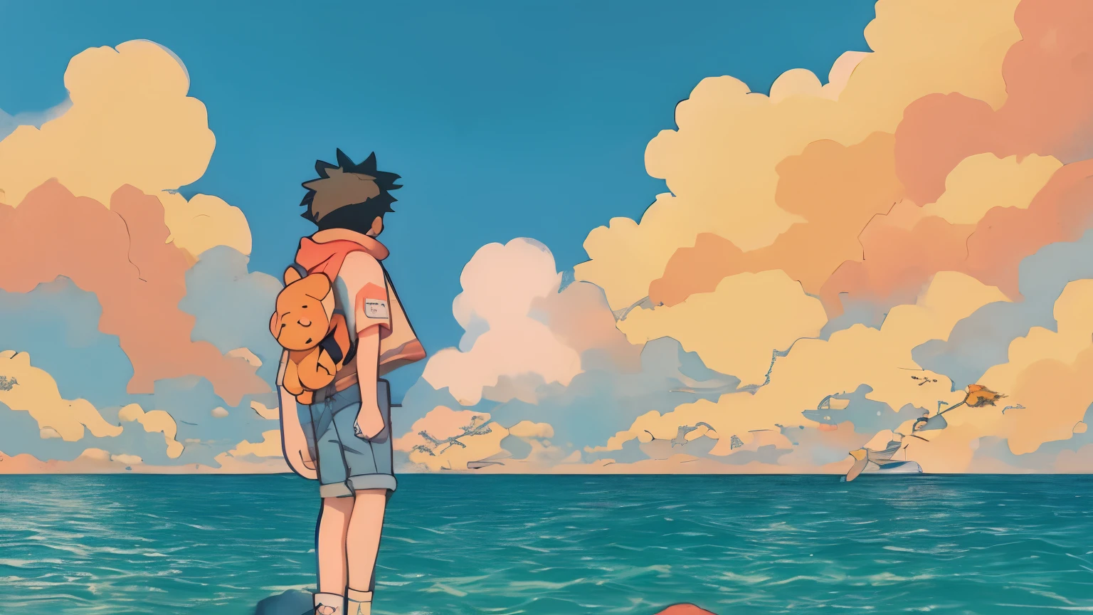 Anime boy standing by the sea with a plush doll, doll bear, sunset, reef, cute art style, loepfe art style, cute detailed digital art, anime aesthetics, cute anime, high quality anime art style, anime boy, anime art style, cute detailed artwork, soft anime illustration, lofi girl, loepfe aesthetics, loepfe art, loepfe, cute artwork, high quality fan art, illustrated anime