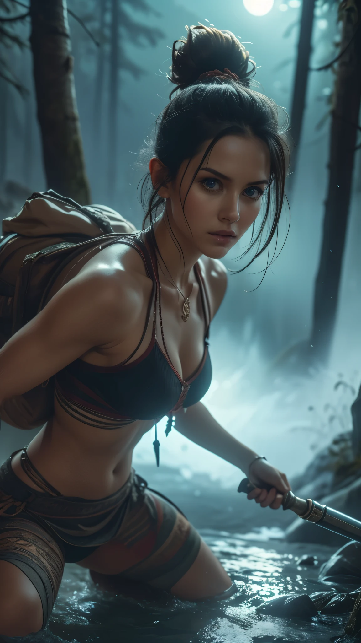 (((ultra realistic))), (ultra-detailed face and eyes: 1.3),native girl, with very long thick hair, feathers in hair, (few clothes) , (combat bandages on the body), ((In a combat stance)), (with a torch), in soft lighting, with a stern look, Near the waterfall, surrounded by a mysterious, foggy atmosphere, (In the moonlight, night), soft contrast, (ultra-detailed), ((Skin detailing)), (scene from a movie about ancient people) 