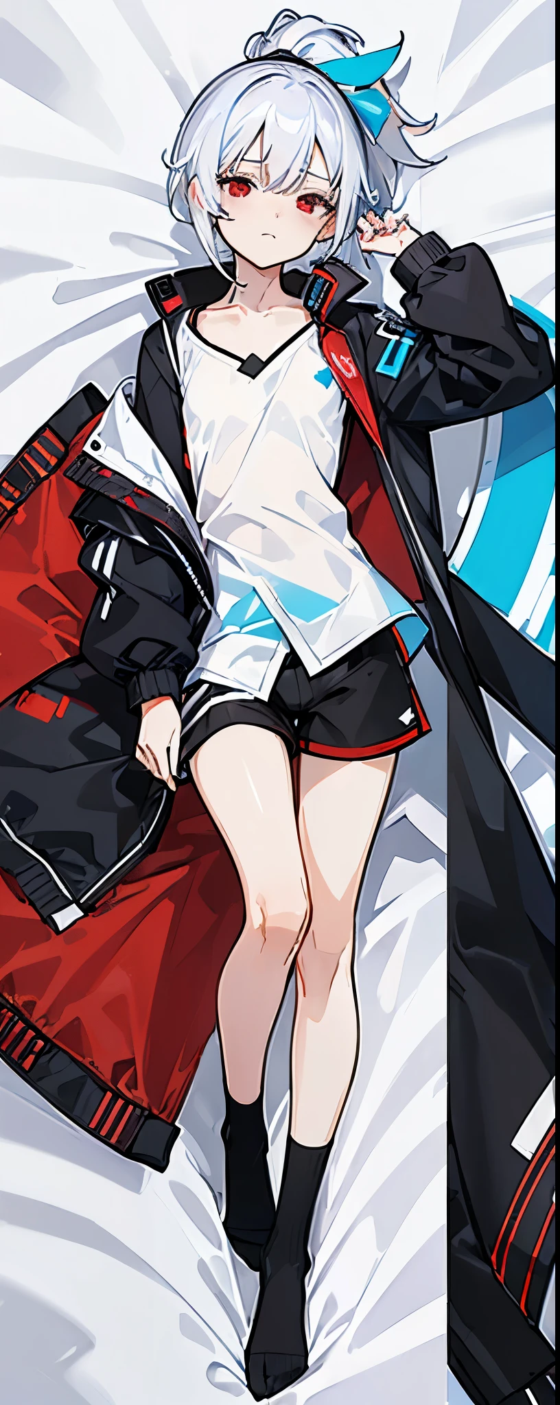(dakimakura:1.5 ),masterpiece,best quality,extremely detailed CG unity 8k wallpaper,solo,shemale,(((flat chest))),white hair,short hair with Ponytail braid,(red eyes),(black Windbreaker with Bright blue decoration),((white shirt)),black shorts,(Crotch protrusionlie),in bed
