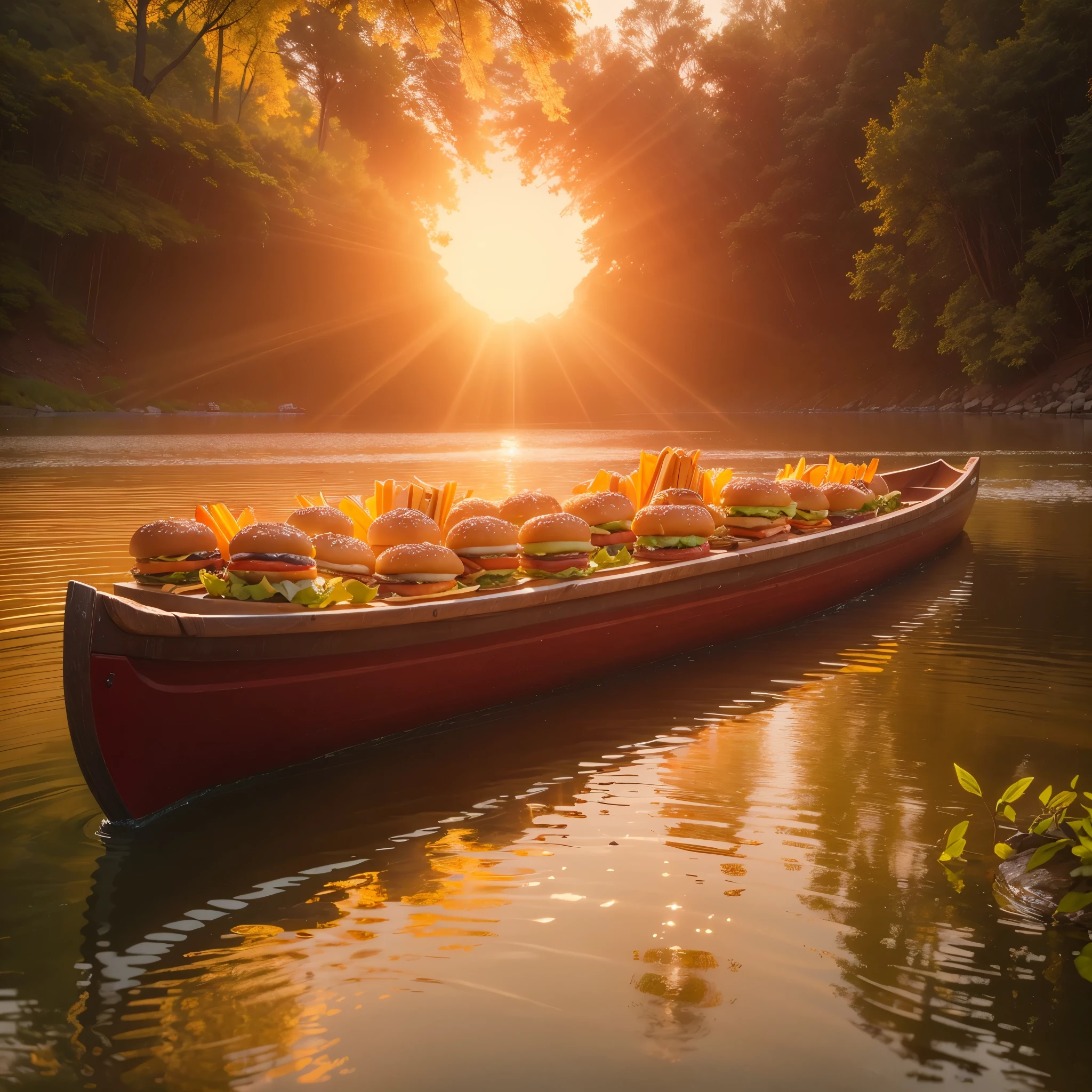 a canoe in a lake, at sunset, a canoe overflowing with cheeseburgers, chicken sandwichs, natural morning light, soft morning light, morning light,, morning golden hour, morning atmosphere, morning,, cinematic morning light, good morning,, early morning mood, sunny morning light, portrait shot