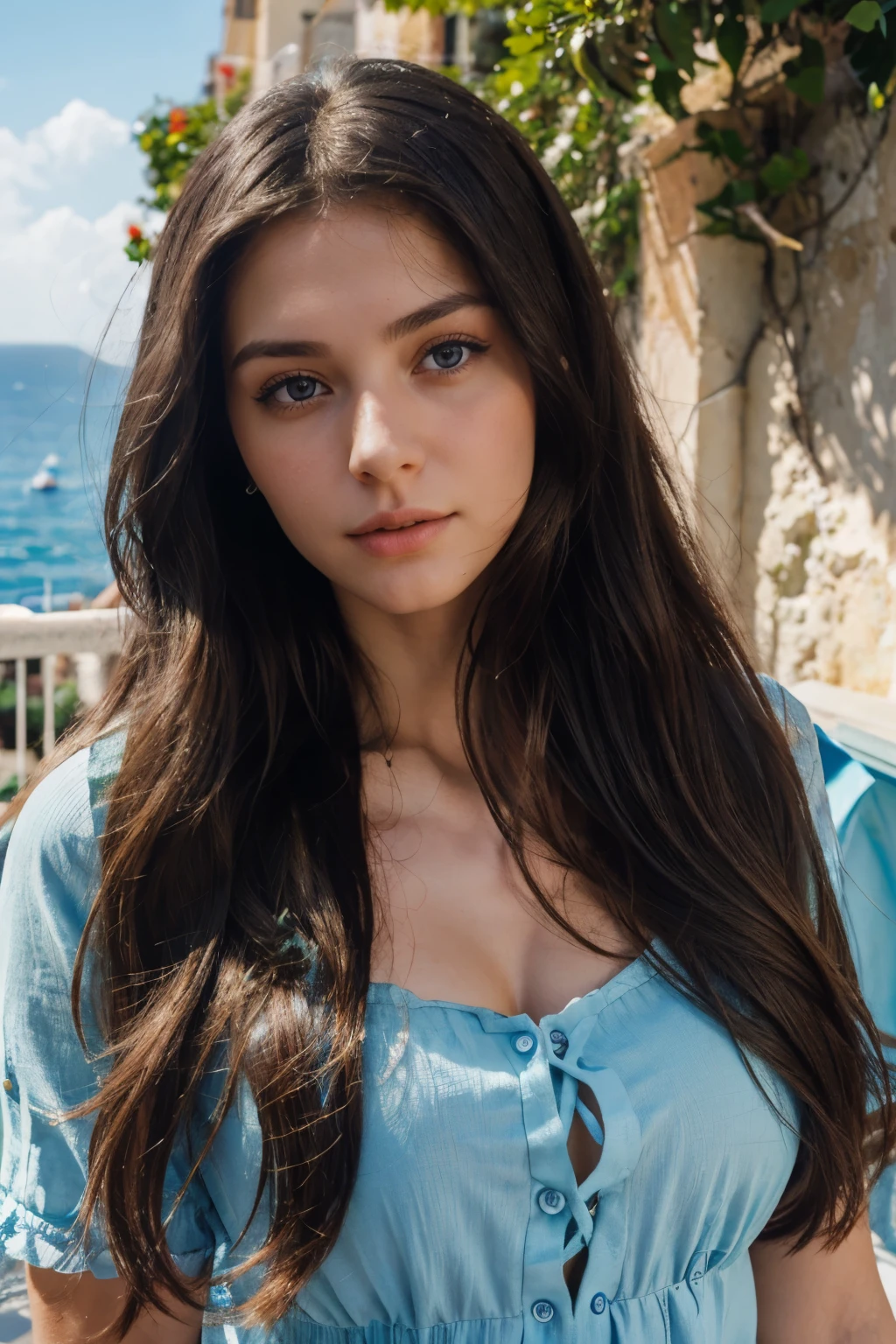 high detail, clarity, 8kk, young girl, 25 years old, brunette hair, long hair, dark eyes with long eyelashes, with a blue sky and blue sea behind like in Capri, Italy, realism.