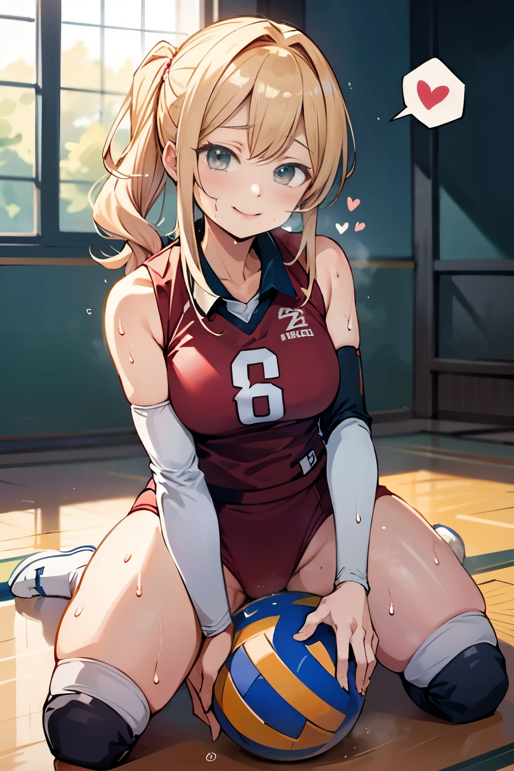 unity 8k wallpaper, anatomically correct, (((masterpiece))), (((best quality))), (((ultra detailed))), (((high-resolution))), ((Ultimate cutie)), perfect hands, perfect finger, (((good anatomy))), detailed beautiful face, shiny hair, (((gyaru))), (potbelly), (curvy), medium breasts, ((Thick thighs)), (((solo))), ((seductive smile)), (((blush))),
BREAK, (((sit astride the perfectly spherical shape 6-inch volleyball))), (((Straddling a perfectly spherical 6" volleyball))), (((Perfectly spherical 6" volleyball fits perfectly crotch))), BREAK, (((Rub the Perfectly spherical 6" volleyball against crotch))),
BREAK, (Collared volleyball uniforms), sleeveless, ((buruma)), ((kneepad)), pussy juice stained, (elbow pad), (((sweat))), (((covered in sweat))), ((deep breathing)), in Volleyball Court, indoor, lighting, looking at viewer, full body, (spoken heart)