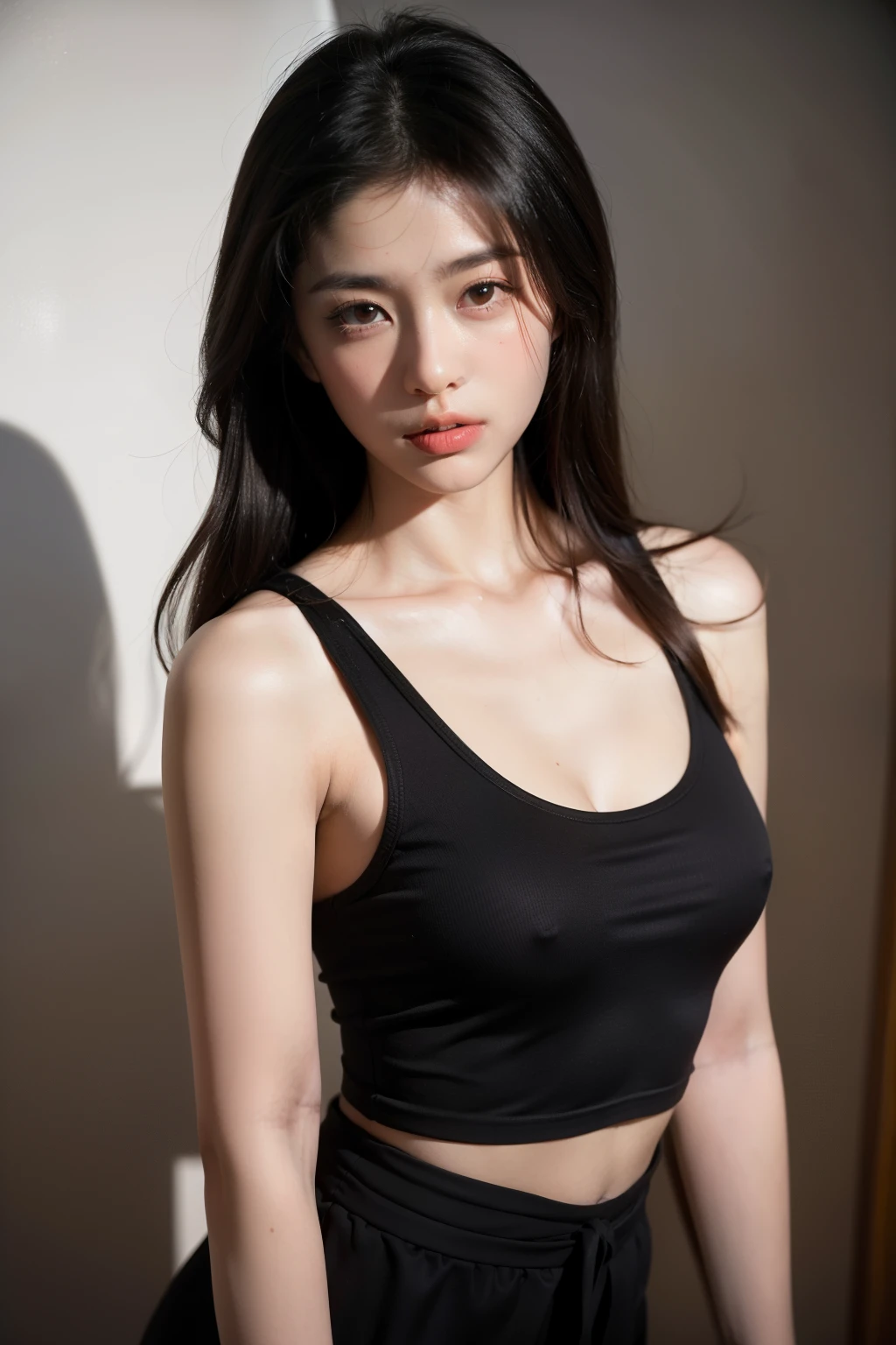 ((Mejor calidad)), ((obra maestra)), (detallado), cara perfecta, hyper realist, 8k, looking to the camera, very big breasts, asian girl, glow skin, asian eyes, pale skin, small waist, very big chest, juicy skin, small strapples top black