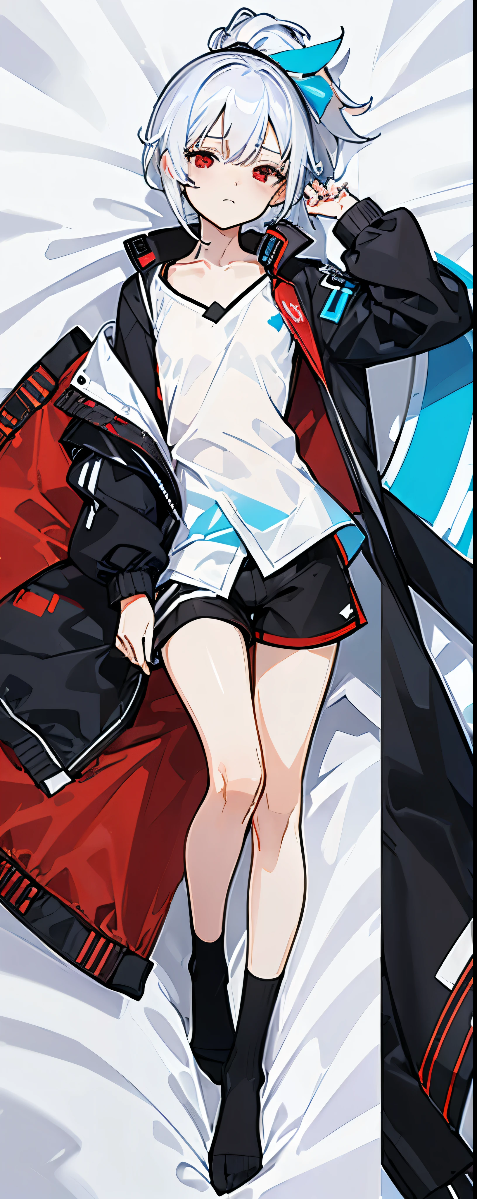 (pillow:1.5 ),masterpiece,best quality,Extremely detailed CG unified 8k wallpaper,alone,Shemale,(((flat chest))),white hair,short hair ponytail,(red eyes),(Black trench coat with bright blue trim),((White shirt)),black shorts,(The crotch protrudes),on the bed
