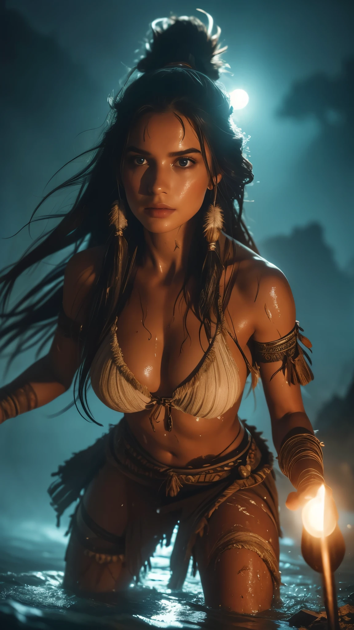 (((ultra realistic))), (ultra-detailed face and eyes: 1.3),(native girl) , with very long thick hair, feathers in hair, (few clothes) , (combat bandages on the body), (wet skin and clothes), ((In a combat stance)) , ((with a torch)), in soft lighting, near the river, Jungle, rain, surrounded by a mysterious, foggy atmosphere, (In the moonlight, night), soft contrast, (ultra-detailed), ((Skin detailing)), (scene from a movie about ancient people) 