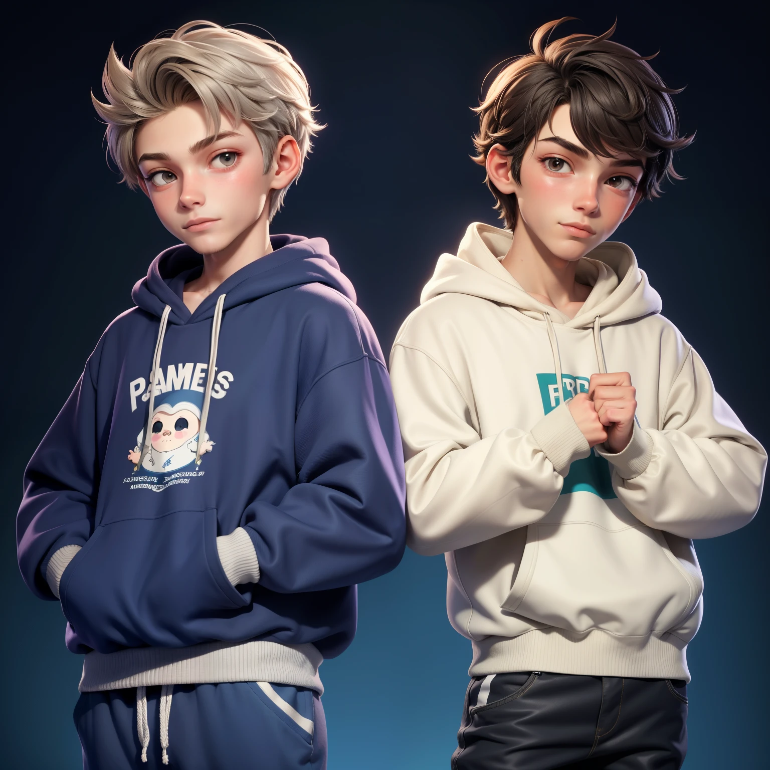 2 beaux jeunes garçons de 10 ans avec des cheveux courts, portant des sweats à capuche graphique, Face à la caméra, style dessin animé, 8K. fond gris foncé