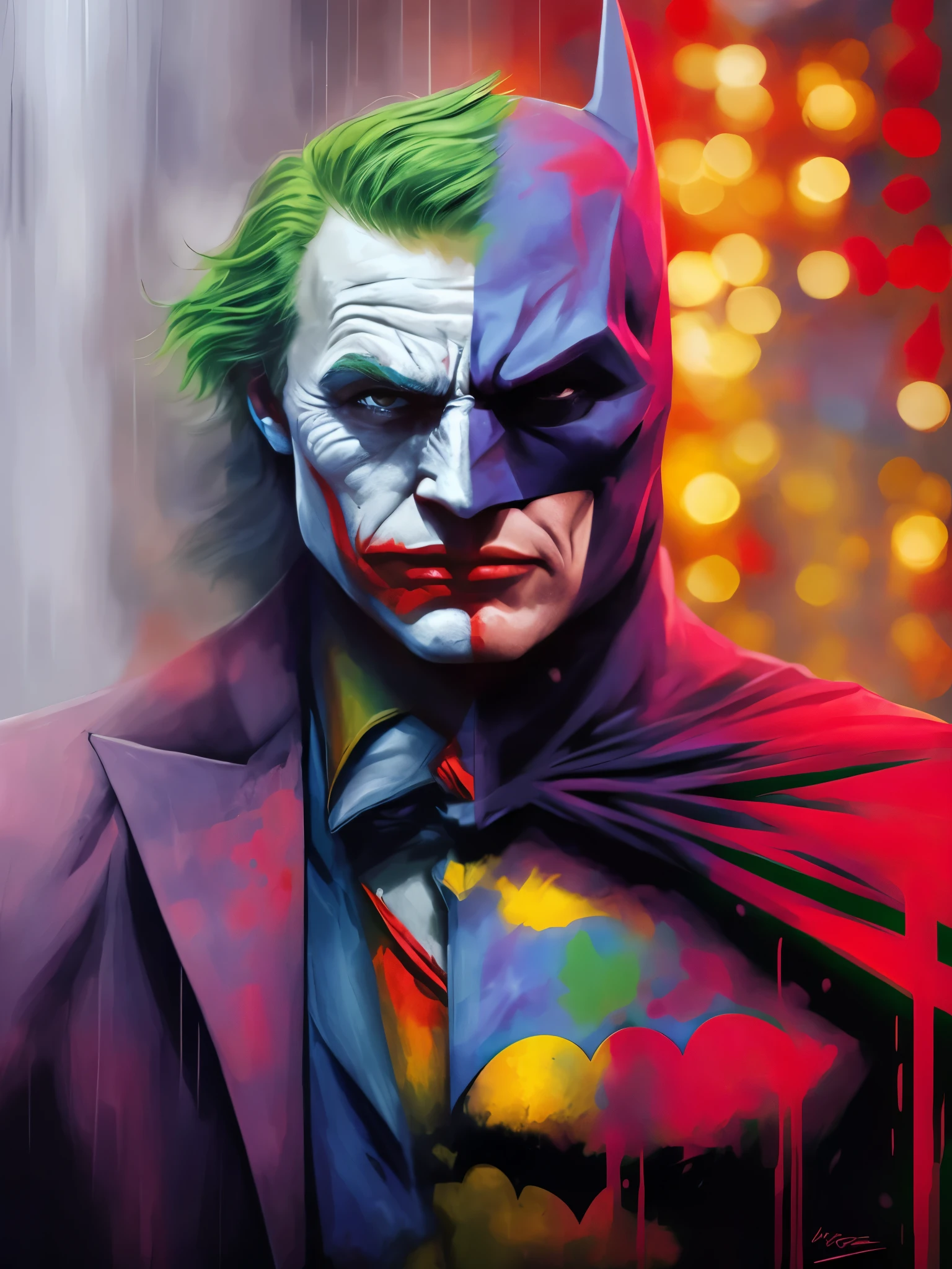 batman and joker in 1 body just half and half, trending on artstation, sharp focus, studio photo, intricate details, highly detailed, by greg rutkowski batman painting of the palhaço in a suit and tie, portrait of palhaço, portrait of the palhaço, batman as the palhaço, portrait of a palhaço, Arte digital detalhada em 4k, arte colorida do filme, pintura detalhada 4k, Arte digital altamente detalhada em 4k, palhaço, estilo de arte da DC Comics, arte dc, the palhaço as batman, Arte altamente detalhada em 4K, the palhaço