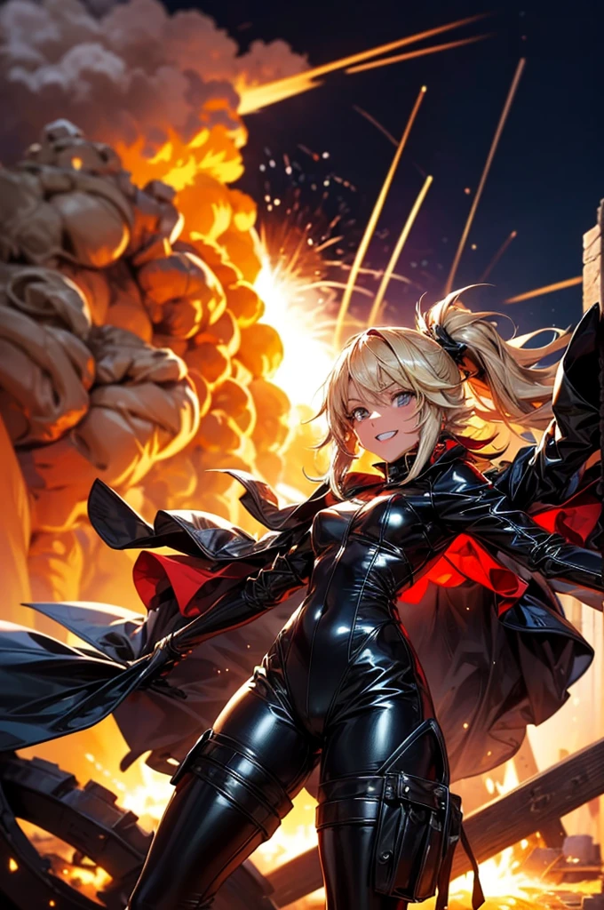 NSFW,((turn your arms behind your back)),(((explosion behind:1.5))), ((fold your arms)),((highest quality, 8K, masterpiece: 1.3))), sharp focus: 1.2, beautiful woman with perfect figure: 1.4, thin abs: 1.2, ((layer cut, big: 1.2)), wet body: 1.5, Highly detailed face and skin texture, fine eyes, double eyelid,Thighs that are not too thick, Blonde Side Ponytail Hair, first round,black long coat,black thigh high boots, black corset, black leather panties, from below, smile a little,Navel exposed,Two legs,Two arms,Thighs that are not too fat,open legs,Are standing,