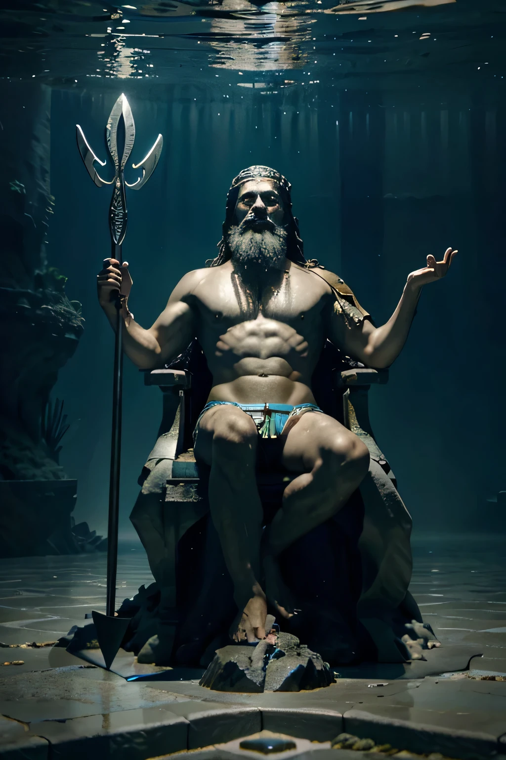 Poseidon sitting on the throne under the water holding a trident resting on the ground, In one hand, the other hand is extended forward