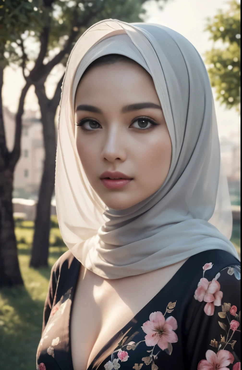 brownies, sky,moon, (Close-up of the painting style,Ultra HD 8K,Masterpiece grade CG wallpaper),Cinematic lighting,cute girly,Delicate and beautiful face,Dreamy pupils,Wearing nekomaid,round waist,hijabi,Bust poem,Sit,Cloudy background,the trees,florals,夏天,Chinese style buildings, cleavage, magical