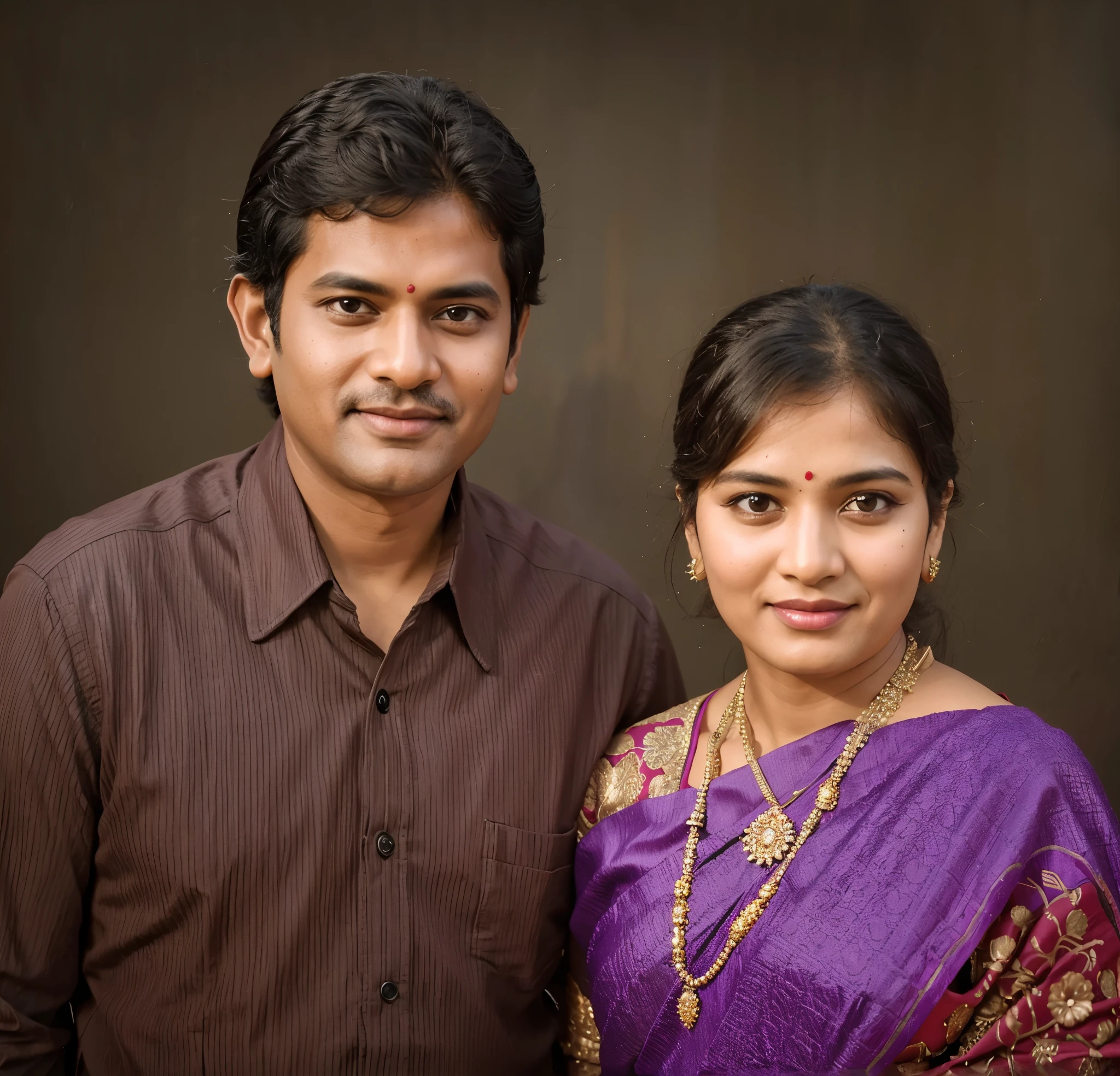 there is a South Indian man and woman wearing saree and jwellery standing together in front of a black background, couple portrait, portrait of two people, momma and papa, full protrait, couples portrait, lovely couple, couple, color studio portrait, by Scott M. Fischer, happy couple, photo portrait, marketing photo, protrait, portrait realistic photograph, colour portrait photograph, portrait winning photograph, portrait photograph