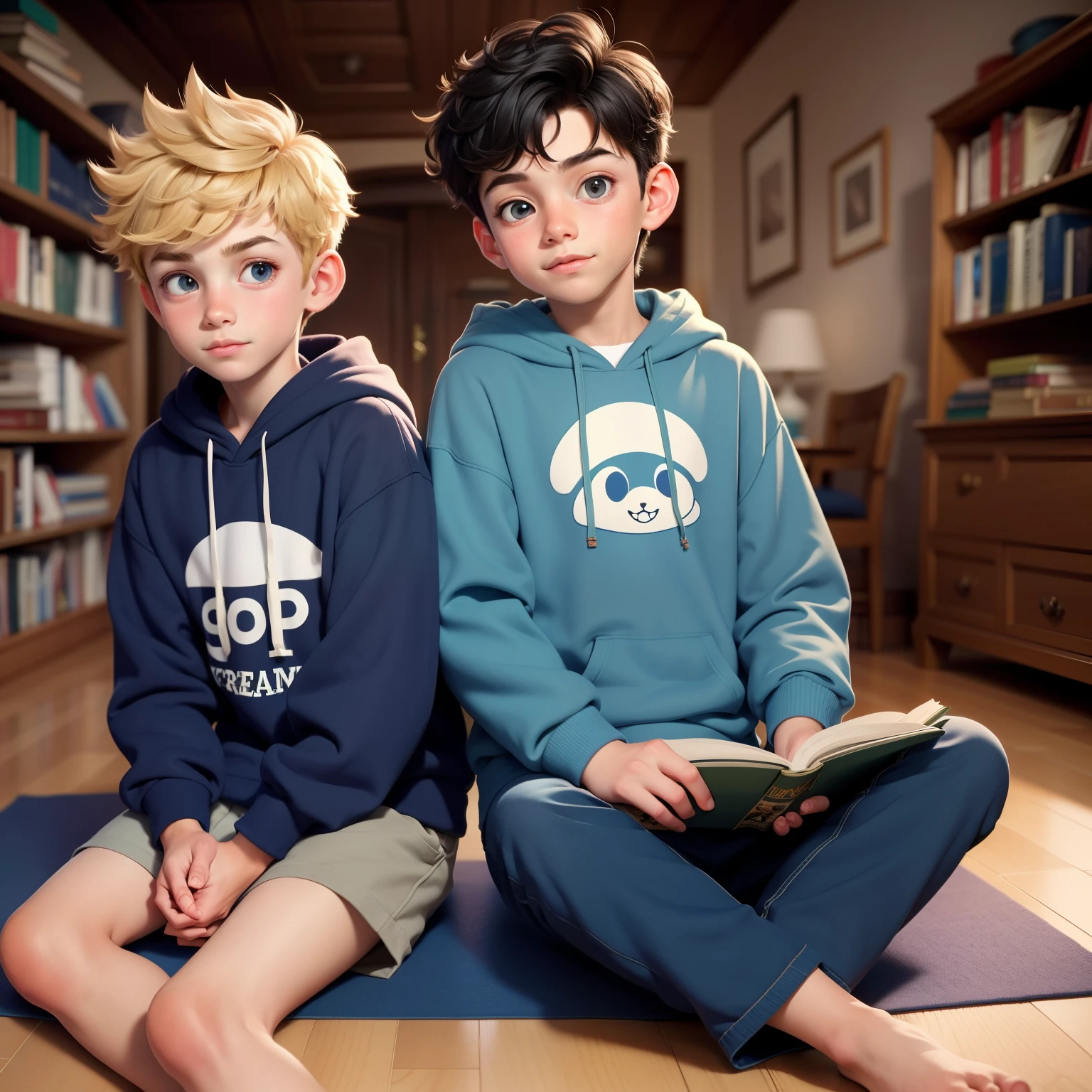 2 handsome young boys of  with short hair, wearing graphic hoodies, sitting on the floor in front of a big book, cartoon style, 8K. fond grenier de maison