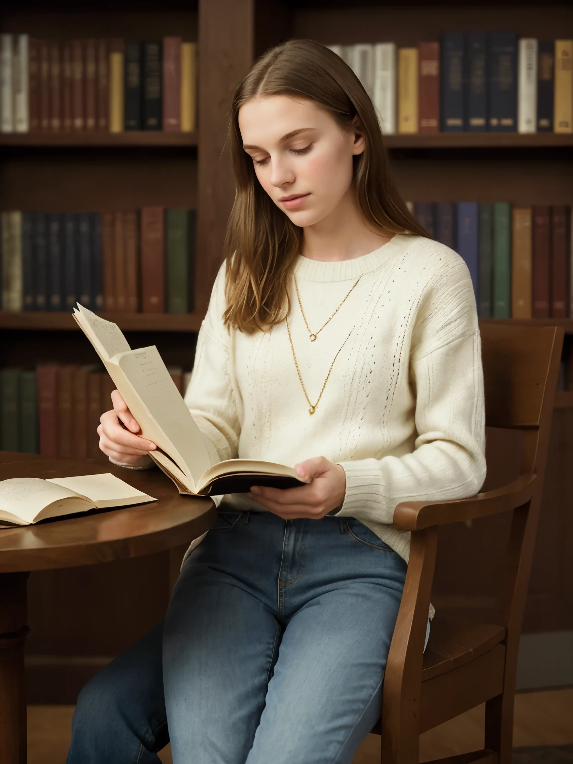young woman, Jahre alt, iPhone-camera, straight hairs, beautiful, 16 her fair complexion seems to absorb the soft library lighting, giving her an almost ethereal glow. Clad in a cozy, cream-colored knit sweater and well-worn jeans, she exudes an air of comfort and familiarity within these walls.
Beyond the focal point of the young woman, the scene unfurls to reveal fellow patrons absorbed in their own pursuits. At a wooden table bathed in gentle light, a student pores over a thick textbook, scribbling notes diligently. Nearby, an older gentleman flips through the pages of a meticulously organized notebook, his index finger tracing lines of thought. Each individual creates a unique tableau of intellectual engagement, together composing a collective tapestry of introspection within the library's sanctum.