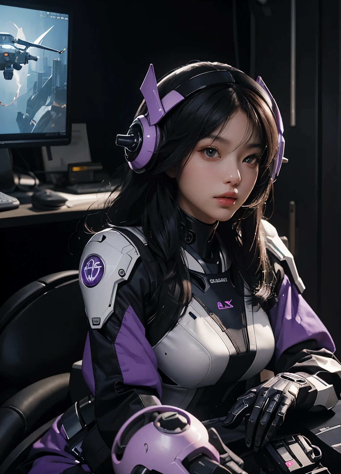 Fullbody, Highest image quality, outstanding details, ultra-high resolution, (realism: 1.4), the best illustration, favor details, highly condensed 1girl, with a delicate and beautiful face, dressed in a black and purple mecha, wearing a mecha helmet, holding a directional controller, riding on a drone, the background is a high-tech lighting scene of the future city. surreal illustration, surreal rendering, clean digital rendering, photo realistic rendering, product design concept, surreal illustration