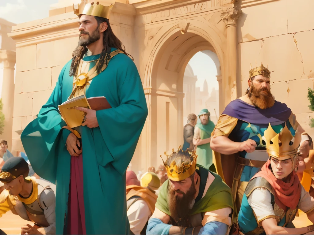 There&#39;s a man standing with a crown on his head. There are many people kneeling. biblical costumes. In the background there is a man standing. biblical setting. biblical style. Marvel comic book style.