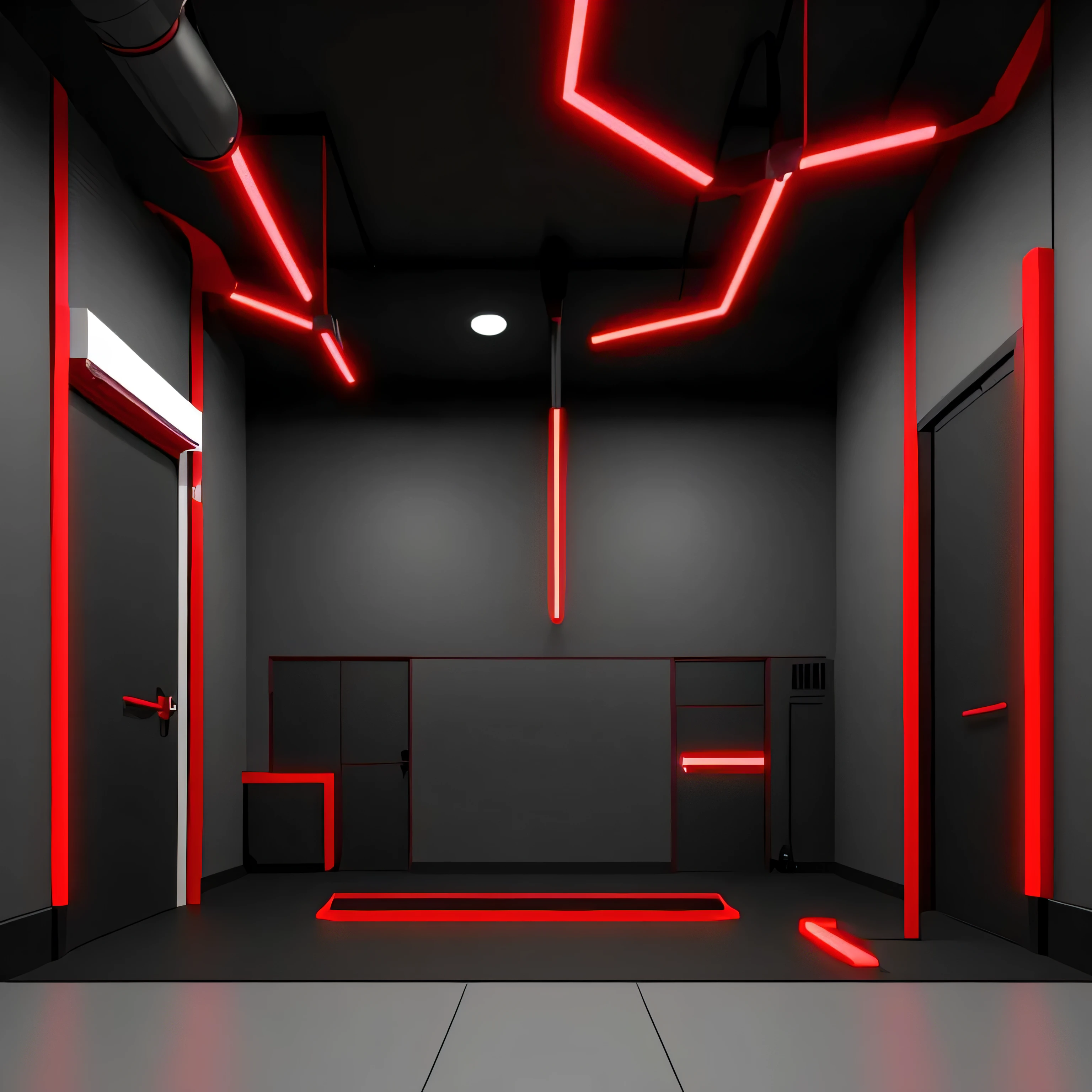 a fitness room with equipment on the floor, modelo de corpo inteiro anime vtuber, SCP Foundation, paleta de cores vermelho escuro e preto, o metaverso criptografado, ventilation shafts, em um quarto branco, by senior character artist, theater Internship, estilo de arte desconhecido, prison, Internship