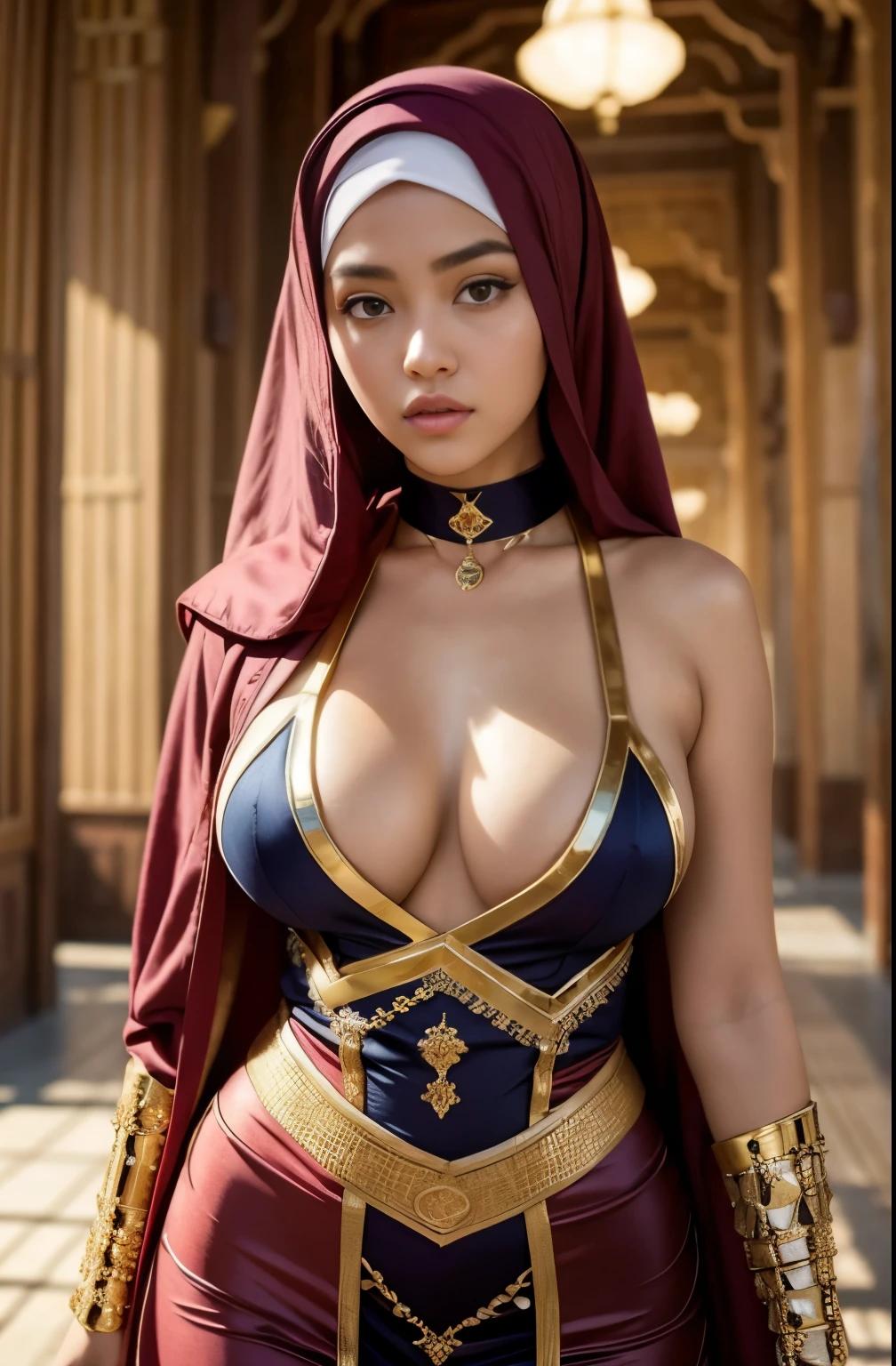 RAW, Best quality, high resolution, (masterpiece: 1.3), beautiful mongol  queen in hijab showing cleavage in sexy superhero highslit temple,Masterpiece, Soft smile, choker