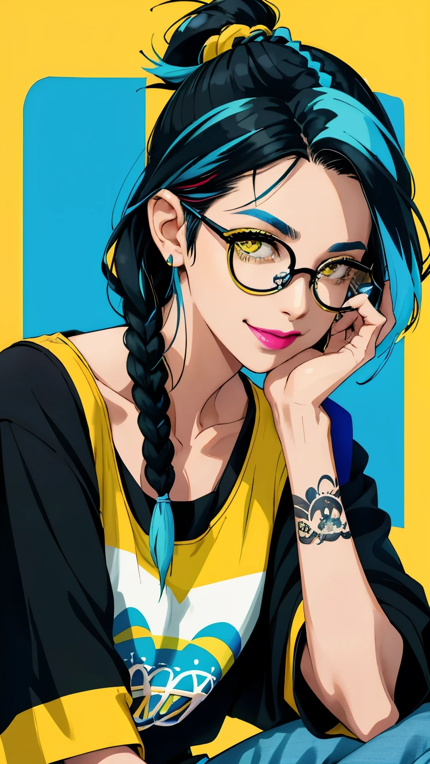 Woman 30 years old, tattoo on arm. Black top with yellow print, Black hair with blue streaks, braided in a short braid. blue streaks on bangs, Modern style, casual style, blows gum with his mouth, Yellow, (round glasses with colored lenses: 1.0), (round glasses with colored lenses: 1.0), Bright lipstick, (Snide look: 1.0), joyful smile, chill vibe