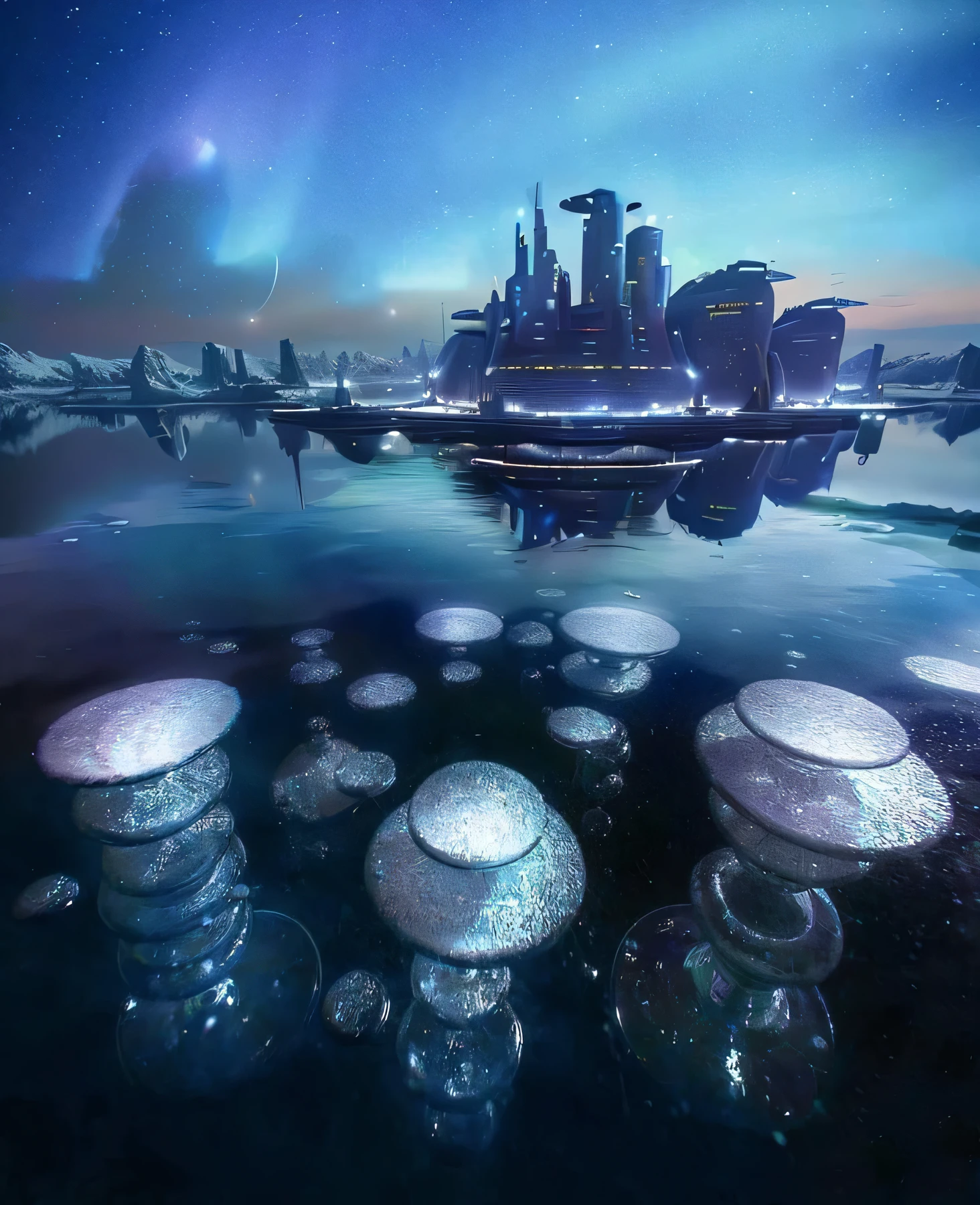 futuristic city from far away, bird's eye view, aerial view (Best quality,4K,8K,A high resolution,Masterpiece:1.2),Ultra-detailed,(Realistic,Photo realistic,photo-realistic:1.37),Futuristic floating cities ,Futuristic technology,Huge high-tech tablet platform, shaped platform,Floating in the water ,Futuristic city, small floating cities around,High-tech hemispherical platforms, city floating on huge lake , city on top of sea, yellow tones , multiple cities, birds eye view, floating city,, city mounted on platform, , ((highest quality, 8k, masterpiece, photorealism, RAW photo, highest quality)), snow and ice covered trees against night galaxy sky, sci fi city on titan landscape, winter night starry, snowy trees, cannon snowy trees, winter snow, snow, pale as the first snow of winter, huge white tree in winter, ultra-realistic, high definition Realism, realistic photos, professional color correction, shot with Canon EOS 5D Mark IV , nebula sky, hi tech city on titan. , lakes, futuristic cities floating on water, city in the night time