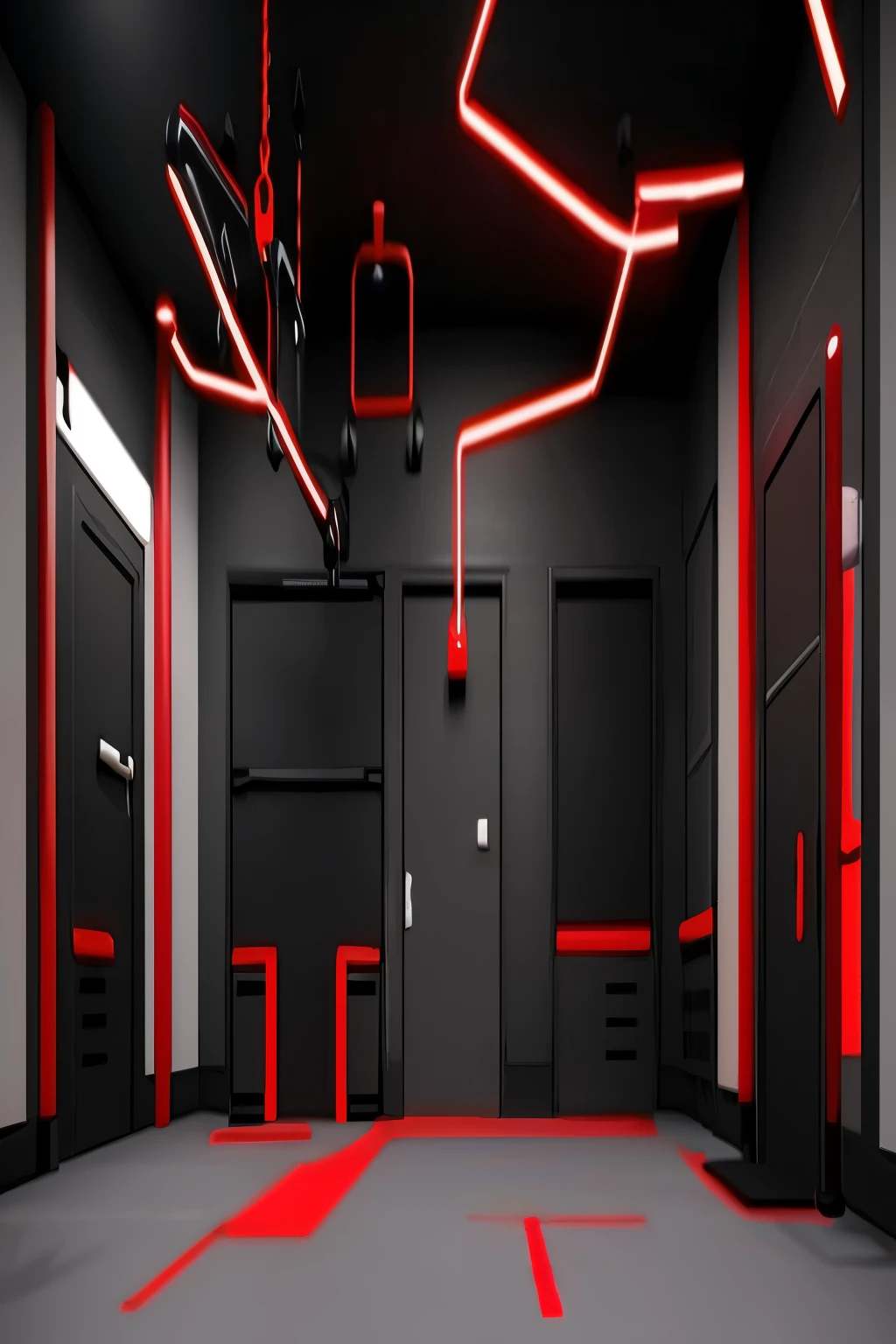 a gym room with equipment on the floor, anime vtuber full body model, scp foundation, dark red and black color palette, the encrypted metaverse, ventilation shafts, in a white room, by senior character artist, theater stage, unknown artstyle, jail, stage