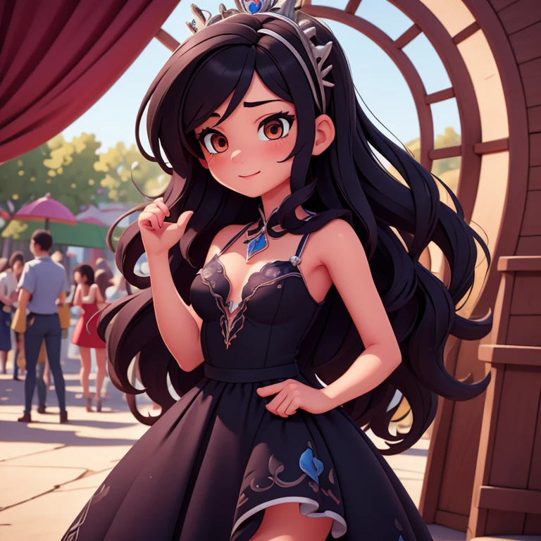 (masterpiece, Best quality, ultra detailed), (High detail, hyper detailed), ((Beautiful 25 year old girl)), adult girl, jennifercast, body of an adult woman, small breasts,  body, black hair, long straight hair slightly tousled at the ends, dressed like a Disney princess, Black dress with blue details, silver crown, detailed face, Clear focus, with a sun in the background, happy, Loving, completely bright yellow background, bright background illuminated with particles, people around admiring the princess, people around happy, (masterpiece: 1.2) (Realistic: 1.2) (bokeh) (Best quality) (Detailed look: 1.3) (intricate details) (8k) (eye detail) (focus sharp)